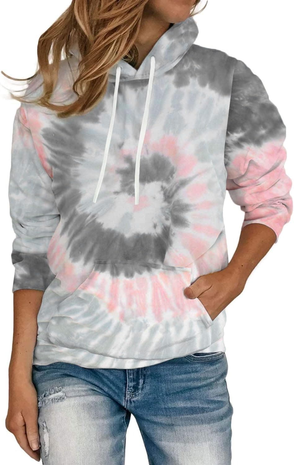 Women's Hoodies Long Sleeve Sweatshirts Drawstring Pullover Tops with Pocket Casual Loose Blouses Tunic X-Large Grey Pink Tie Dye - Image 2
