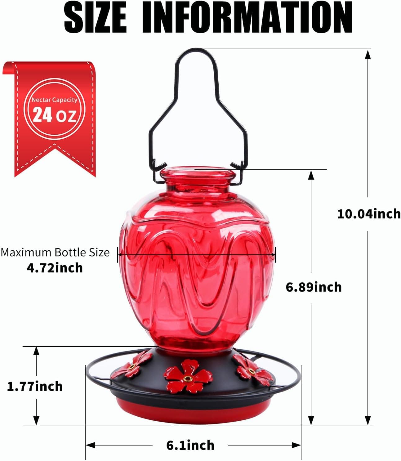 Glass Hummingbird Feeder for Outdoors Hanging, 24Ozs Humming Bird Nectar Feeder w/Perch, 5 Flower Feeding Ports, Leak Proof Base and Hook for Outside Garden Backyard Decor, Gifts for Women Mom, Red - Image 5