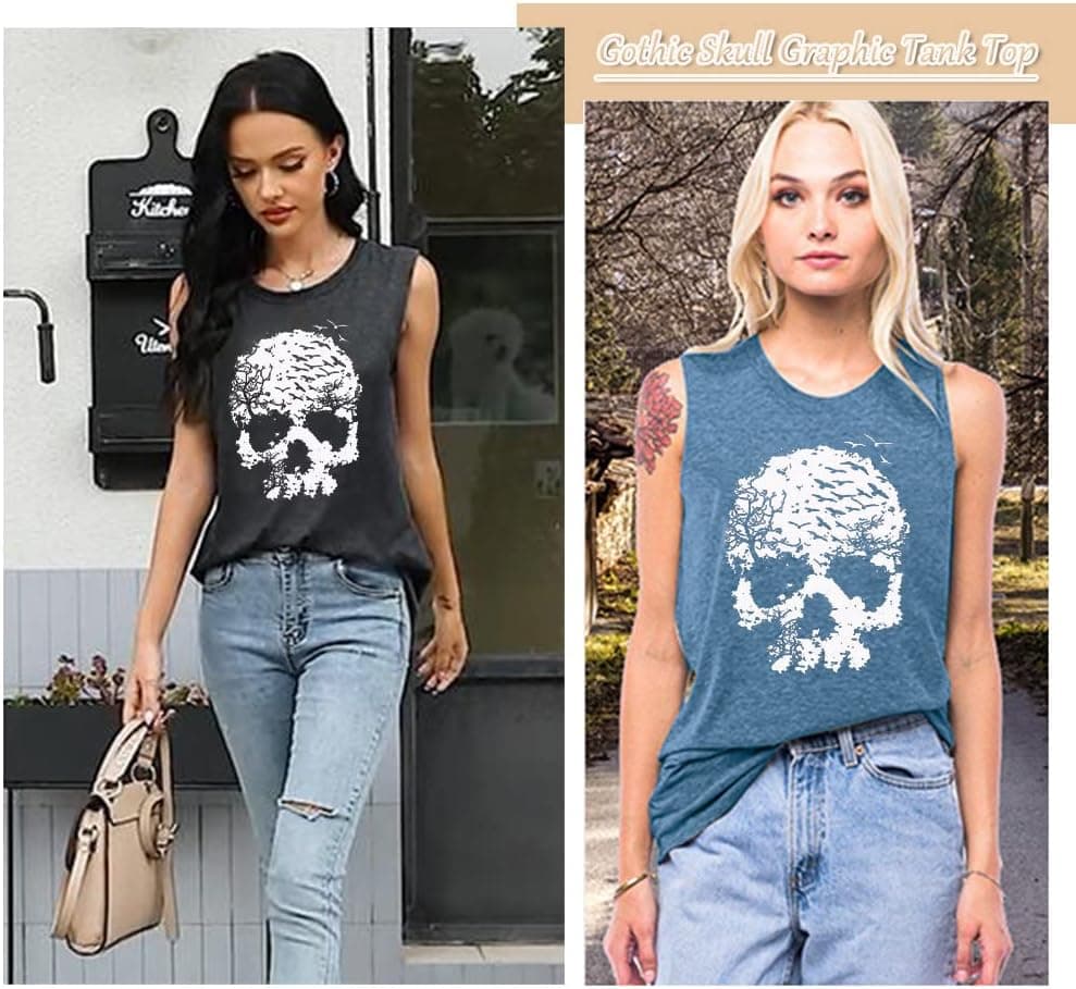 Skull Shirts for Women Funny Gothic Graphic T-Shirts Novelty Horror Tee Casual Athletic Tops Dark Grey 01 Medium - Image 4