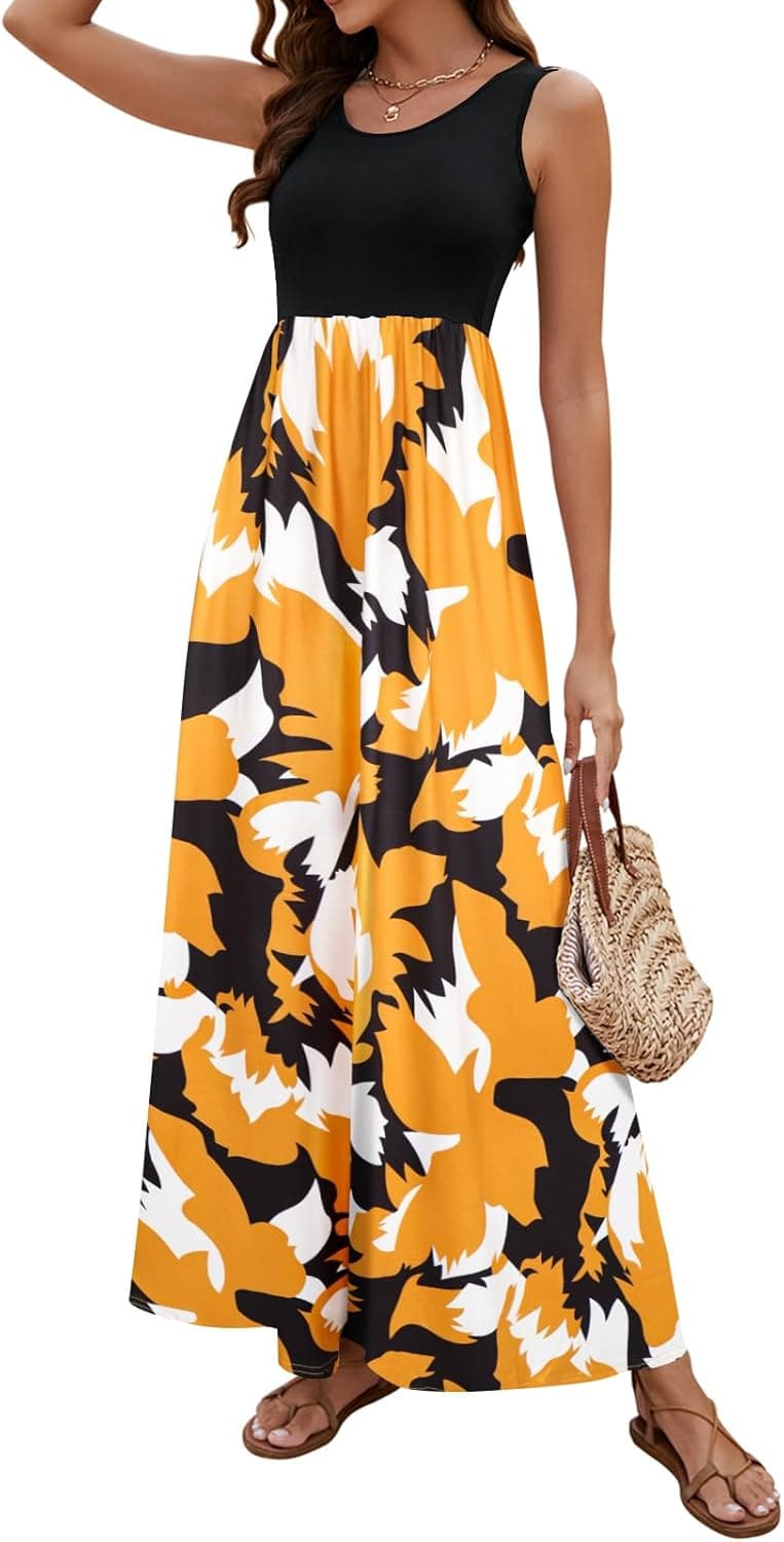 Sherosa Women Boho Chevron Striped Floral Printed Summer Sleeveless Tank Long Maxi Party Dress Medium Black Brown Yellow - Image 2