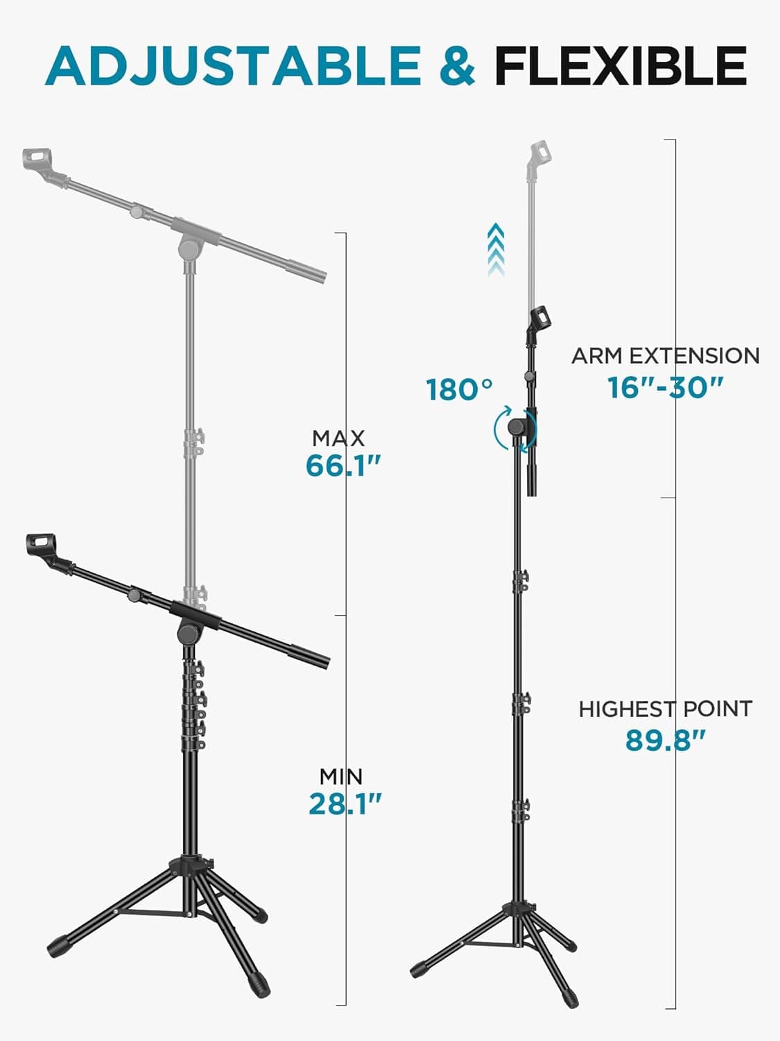 InnoGear Microphone Stand, Tripod Boom Arm Floor Mic Stand Height Adjustable Heavy Duty with Carrying Bag 2 Mic Clips 3/8" to 5/8" Adapter for Singing Podcast for Blue Yeti Shure SM58 SM48 Samson Q2U 1 - Image 4