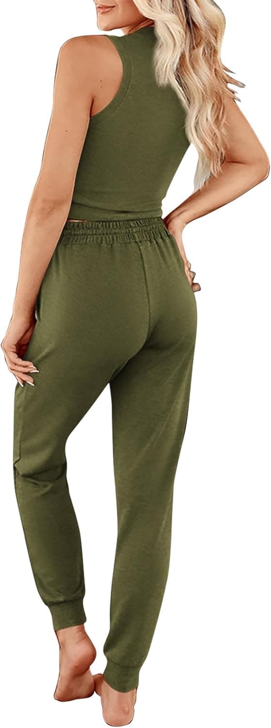 KIRUNDO 3 Piece Lounge Sets for Women Airplane Travel Outfits 2025 Fall Cardigan Sleeveless Top Pants Sets Matching Clothing Army Green X-Large - Image 3