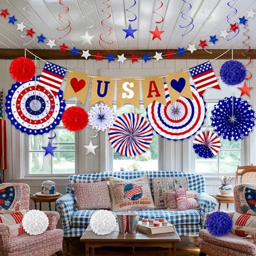 26 PCS 4th of July Decorations, Red White Blue Paper Fans in Patriotic Designs, 4th of July Banner Pompom Star Garland and Hanging Swirls Set for Fourth of July Independence Day Party Supplies Decor - Image 8