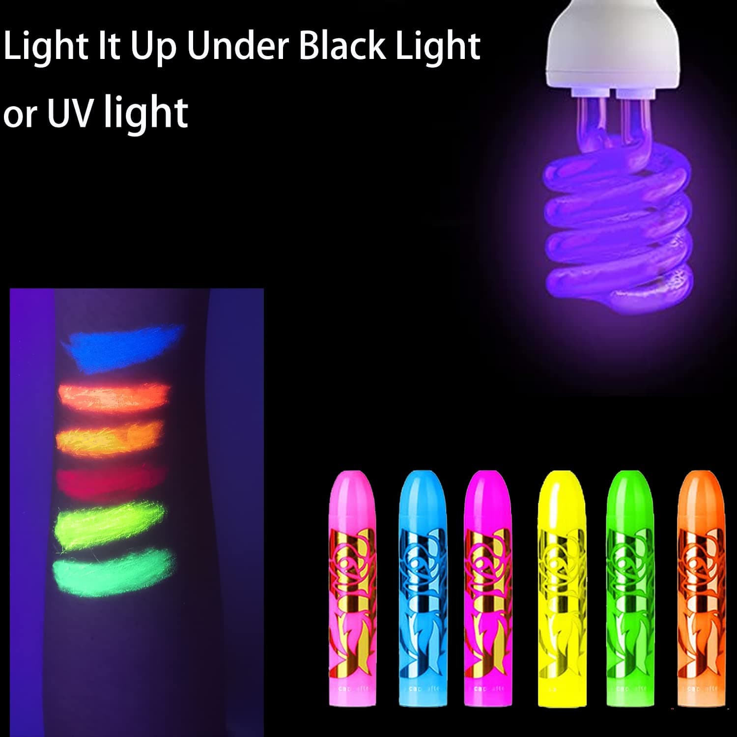 12 PCS Glow Face Body Paint, Glow In The Dark Under UV Black Light Sticks Makeup Neon Face Painting Kits para sa Adult Halloween Festival Accessory Glow Party Supplies - Image 4