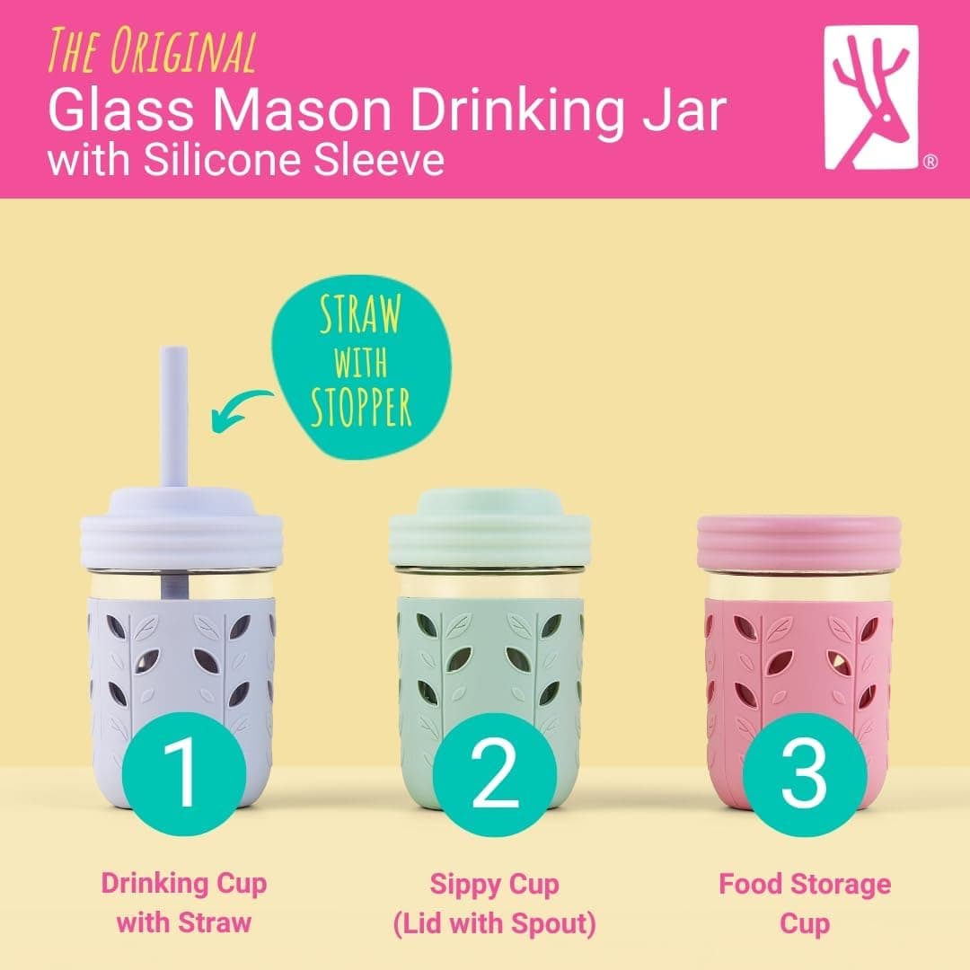 Elk and Friends Kids + Toddler Glass Cups | The Original 8oz Glass Mason Jar with Sleeves + Lids | Silicone Straws + Stopper | Smoothie Cup | Food Storage | Spill Resistant | Dishwasher Safe | 4 Pack Gray/Sage/MistyBlue/Navy 4 Pack - Image 3