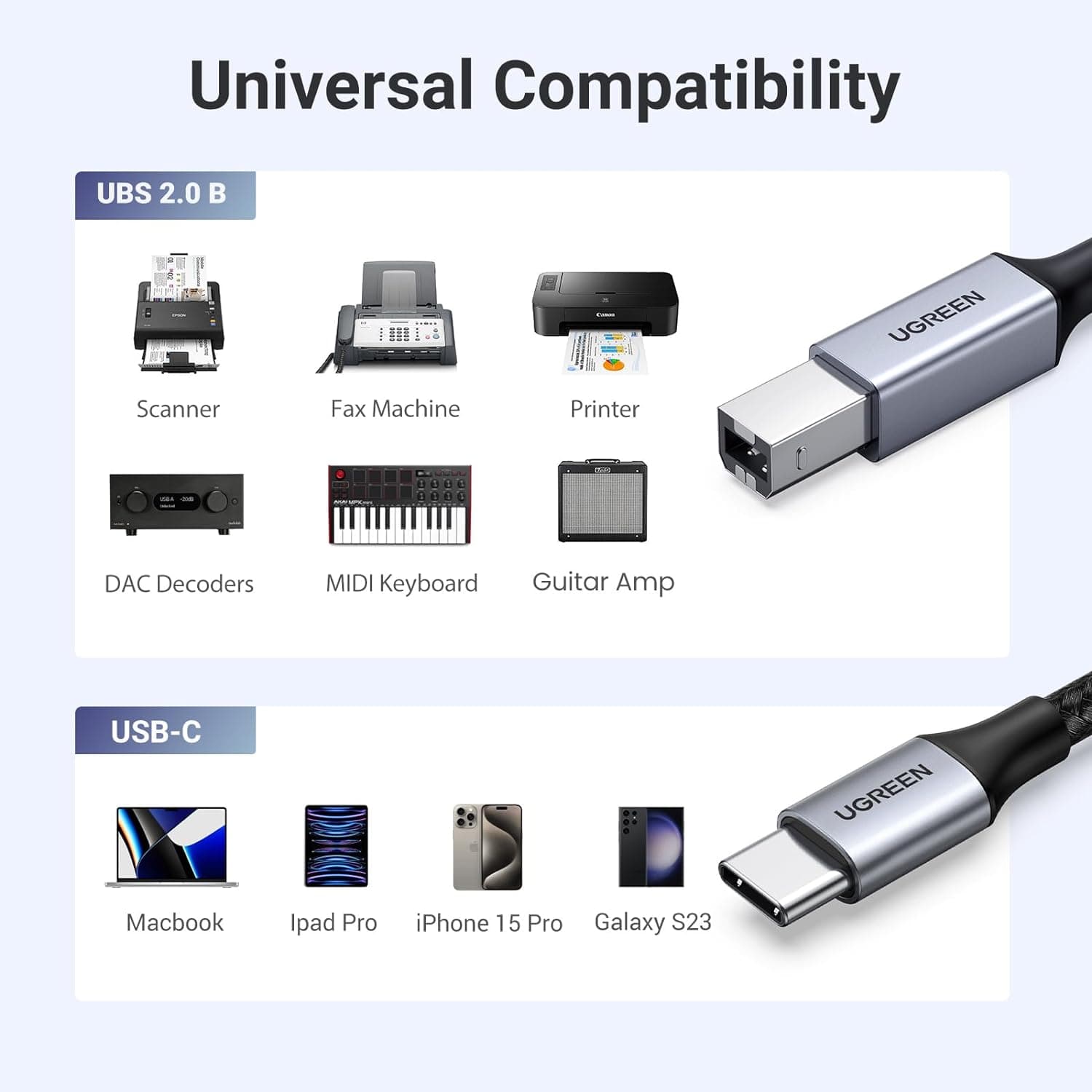 UGREEN USB B to USB C Printer Cable 3 FT, Nylon USB B to USBC Cable for MacBook Pro/Air, MIDI Cable Compatible with MIDI Keyboard/DJ Controller/DAC/Yamaha Casio Digital Piano for iPad 3 FT Silver - Image 6