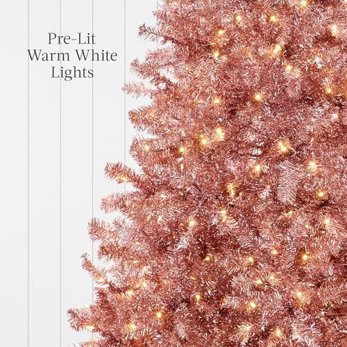 Best Choice Products 6ft Prelit Tinsel Christmas Tree, Artificial Seasonal Holiday Decoration w/ 1,000 Branch Tips, Stand - Pink - Image 6