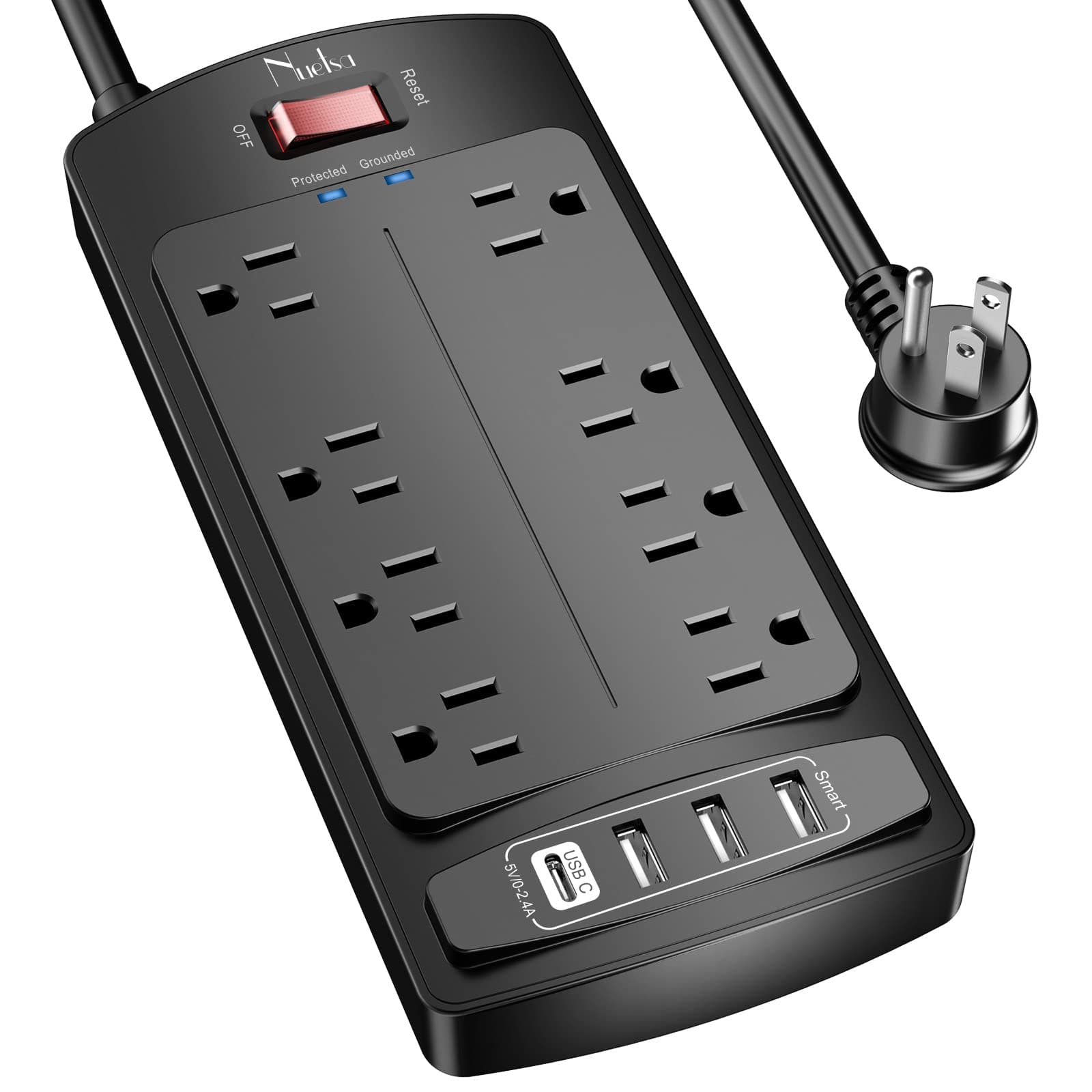 Surge Protector Power Strip - Nuetsa Flat Plug Extension Cord with 8 Outlets and 4 USB Ports, 6 Feet Power Cord (1625W/13A), 2700 Joules, ETL Listed, Black 6 Ft Black