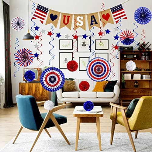 26Pcs Patriotic Decorations 4th of July Decorations LOVE USA Banner Red White Blue Paper Fans Star Streamer Pom Poms Hanging Swirls for Veterans Labor Presidents Flag Memorial Day - Image 5
