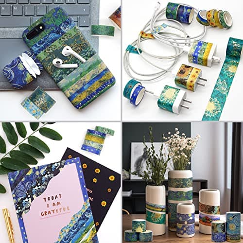 Geesinimo Washi Tape Set, 36 Rolls Van Gogh Vintage Gold Washy Tape, Wide Decorative Tape for Journaling, Scrapbooking Supplies,Vision Board Supplies, 6 Sizes Craft Watercolor Tape - Image 6