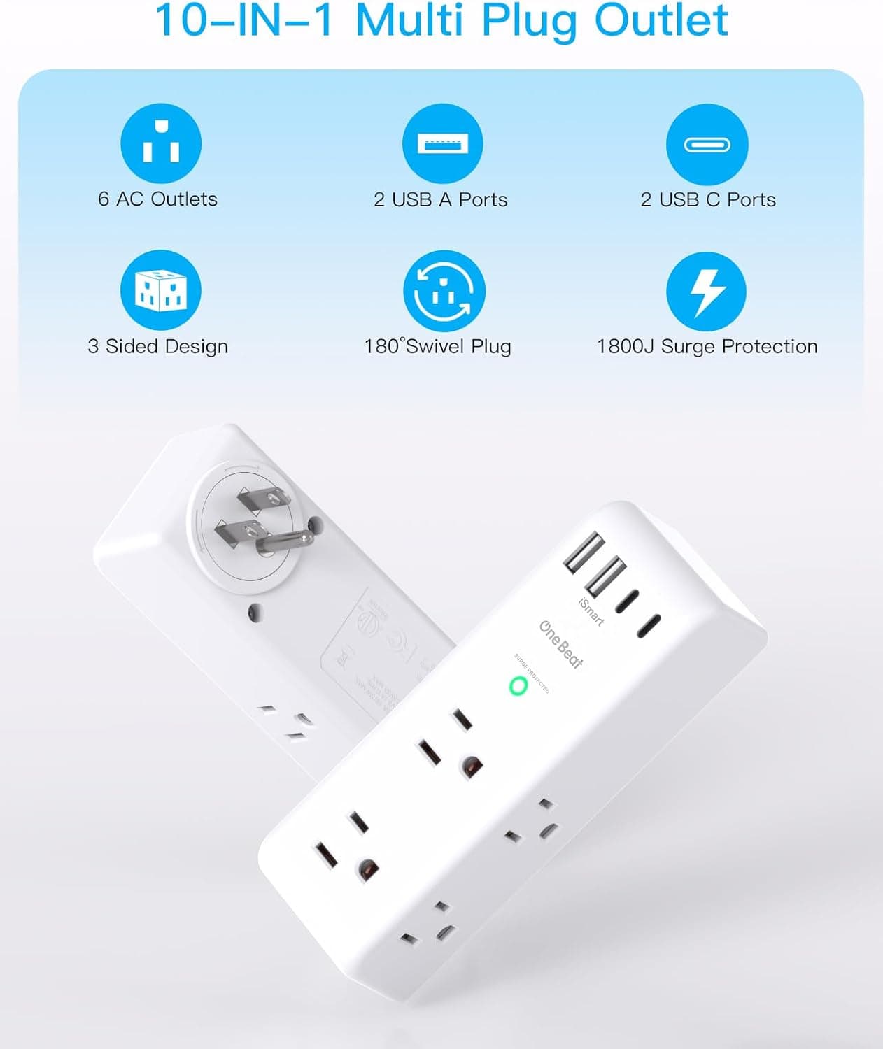 Surge Protector Outlet Extender - with Rotating Plug, 6 AC Multi Plug Outlet with 4 USB Ports (2 USB C), 1800J Wall Charger, 3-Sided Power Strip with Spaced Outlet Splitter for Home, Office, Travel 2C2A, 1 Pack White - Image 4