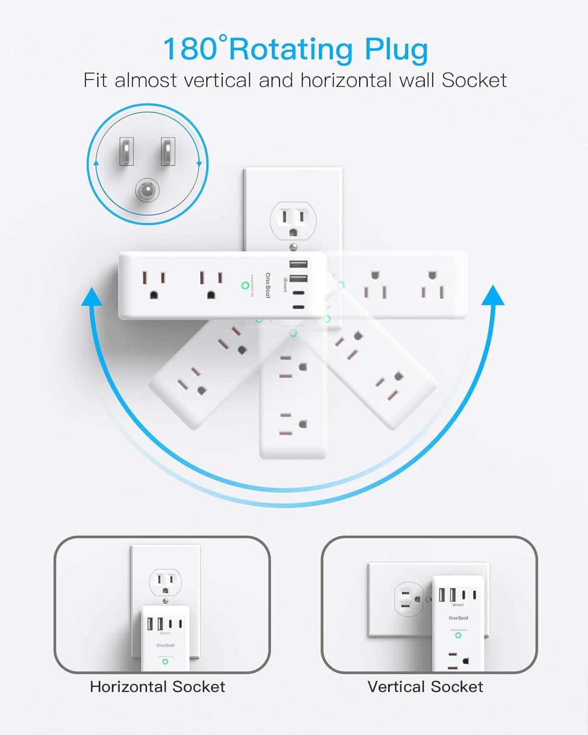Surge Protector Outlet Extender - with Rotating Plug, 6 AC Multi Plug Outlet with 4 USB Ports (2 USB C), 1800J Wall Charger, 3-Sided Power Strip with Spaced Outlet Splitter for Home, Office, Travel 2C2A, 1 Pack White - Image 3