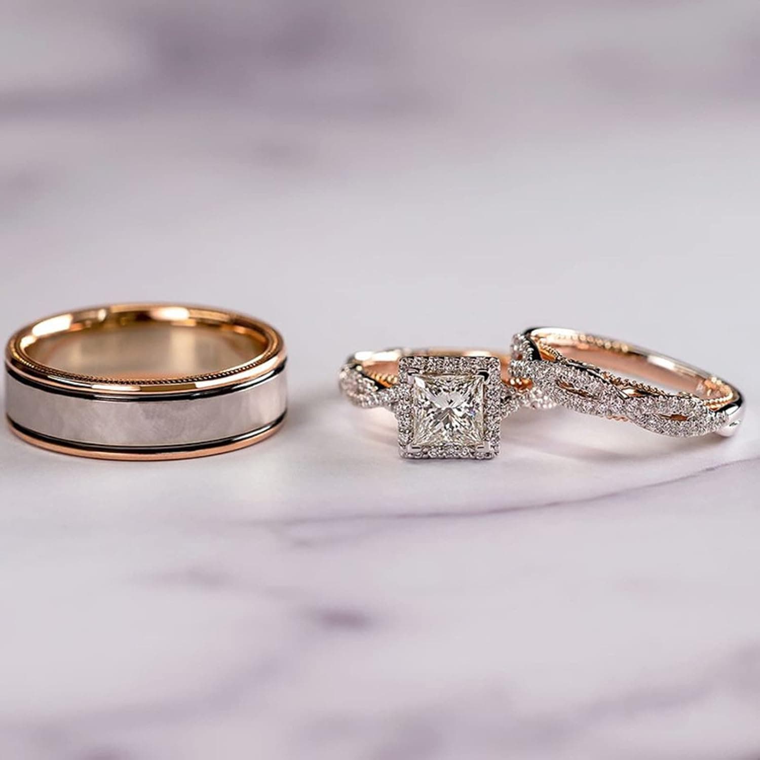Engagement rings for couples set,3 pc His and Her Wedding Ring Set, Hypoallergenic Rose Gold Ring Set, Cubic Zirconia Bride Promise Rings Set,size 6-10 Size 8 - Image 3