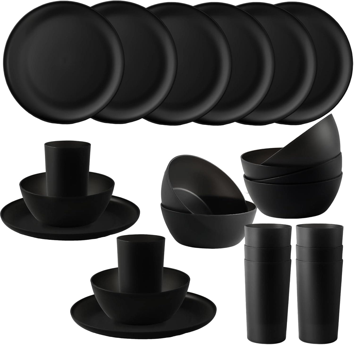 24pcs Dinnerware Sets,Plates and Bowls Sets,Dishes Set for 8,Unbreakable Modern Dish Sets,Reusable Dinning Set,Dishware Sets for Kitchen,Party or Picnic, Dishwasher Safe,Black,BPA free - Image 2