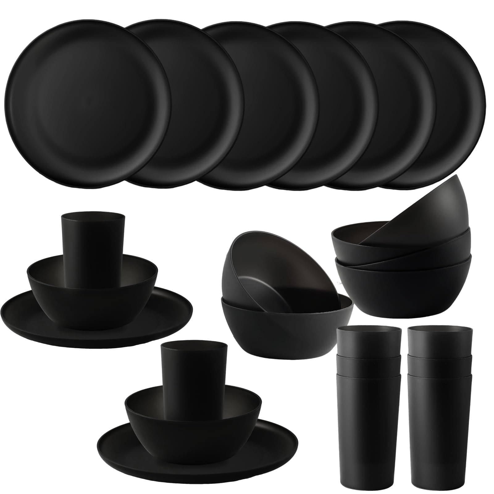 24pcs Dinnerware Sets,Plates and Bowls Sets,Dishes Set for 8,Unbreakable Modern Dish Sets,Reusable Dinning Set,Dishware Sets for Kitchen,Party or Picnic, Dishwasher Safe,Black,BPA free