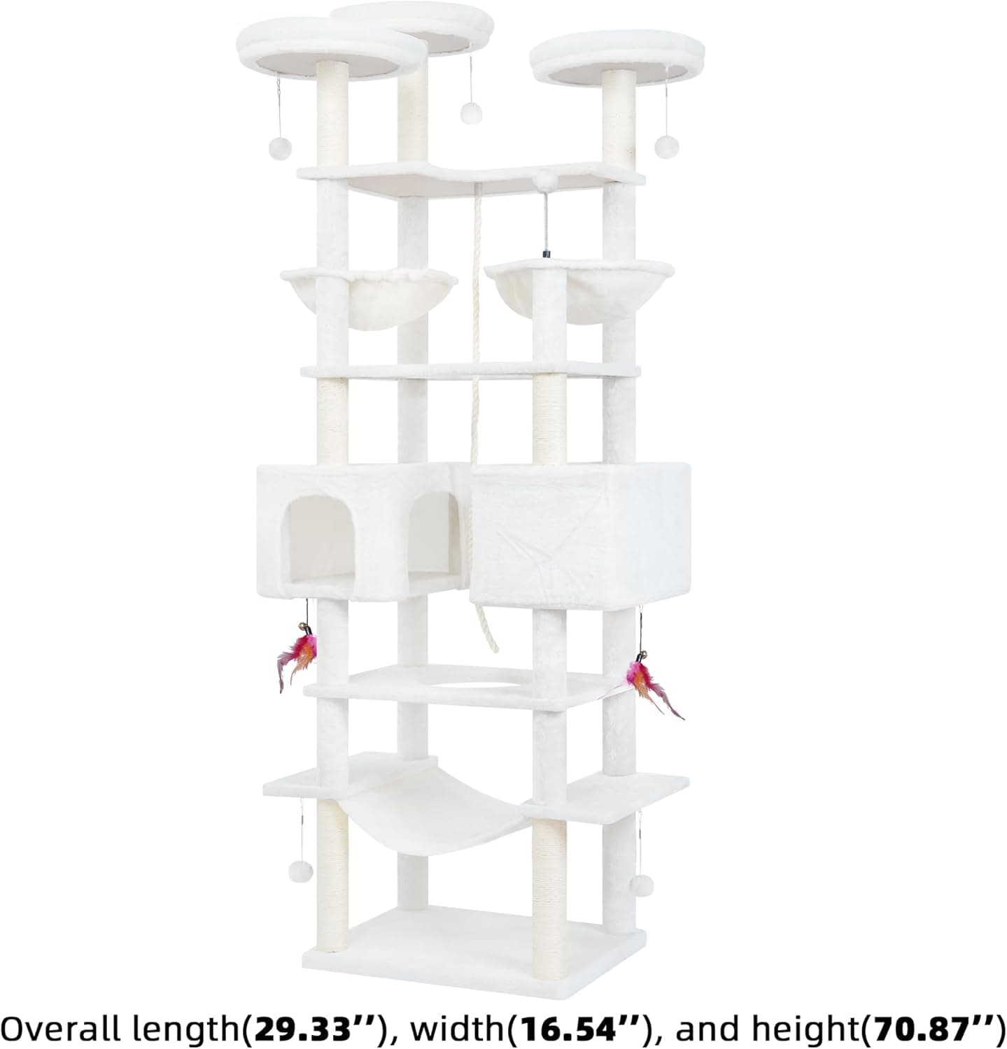 71in Multifunctional Multi-Level Cat Tree Tower for Indoor Cats,Cat Tree with Hammock,2 Condos,2 Hanging Baskets,2 Feather Toys,3 Perches,5 Hanging Balls,7 Scratching Posts,Beige 71" Beige - Image 3