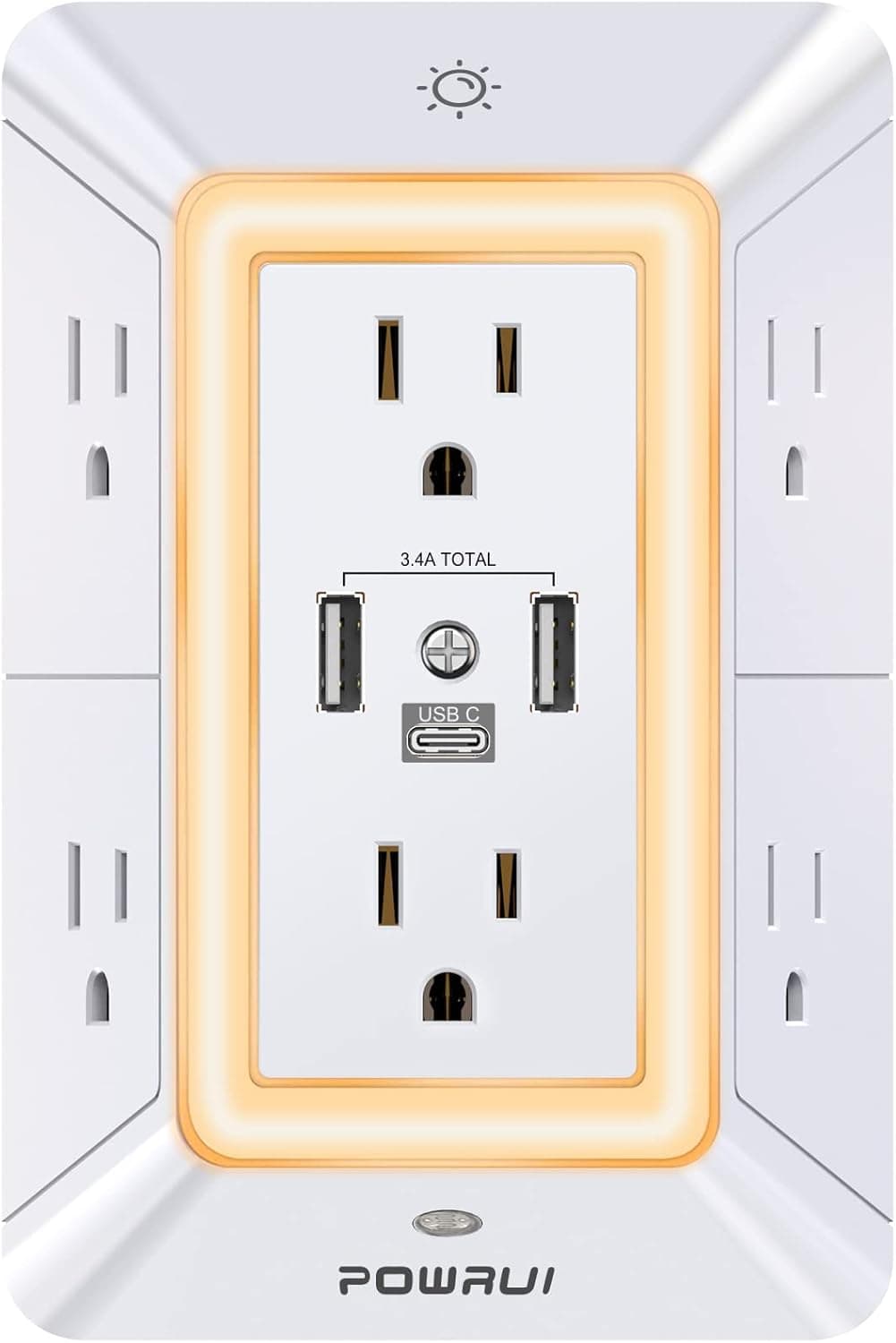 POWRUI Multi Plug 6 Outlet Surge Protector Extender with 3 USB Ports (1 USB C) and Night Light, 3-Sided Power Strip with Adapter Spaced Outlets, ETL Listed, White 2U1C White - Image 2
