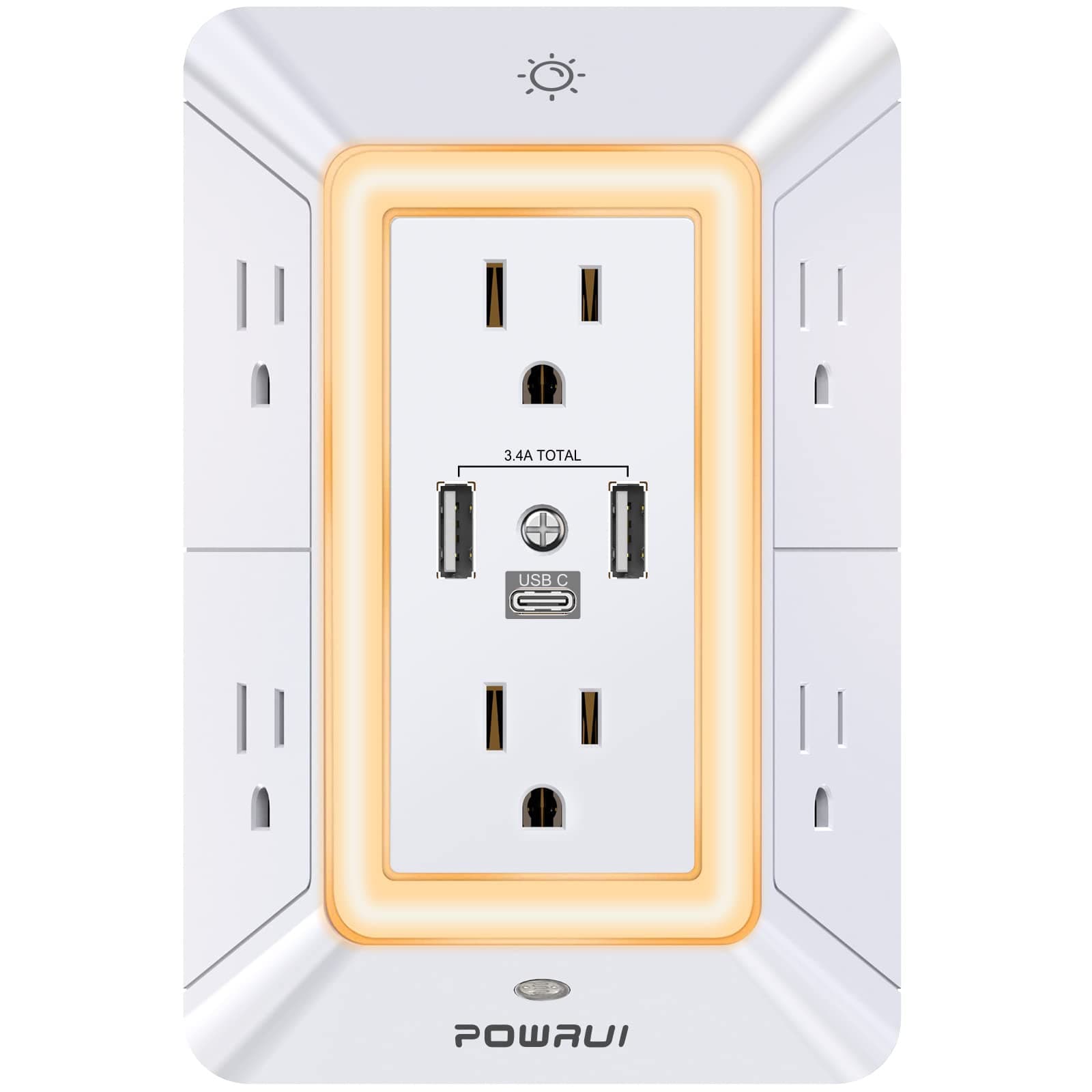 POWRUI Multi Plug 6 Outlet Surge Protector Extender with 3 USB Ports (1 USB C) and Night Light, 3-Sided Power Strip with Adapter Spaced Outlets, ETL Listed, White 2U1C White