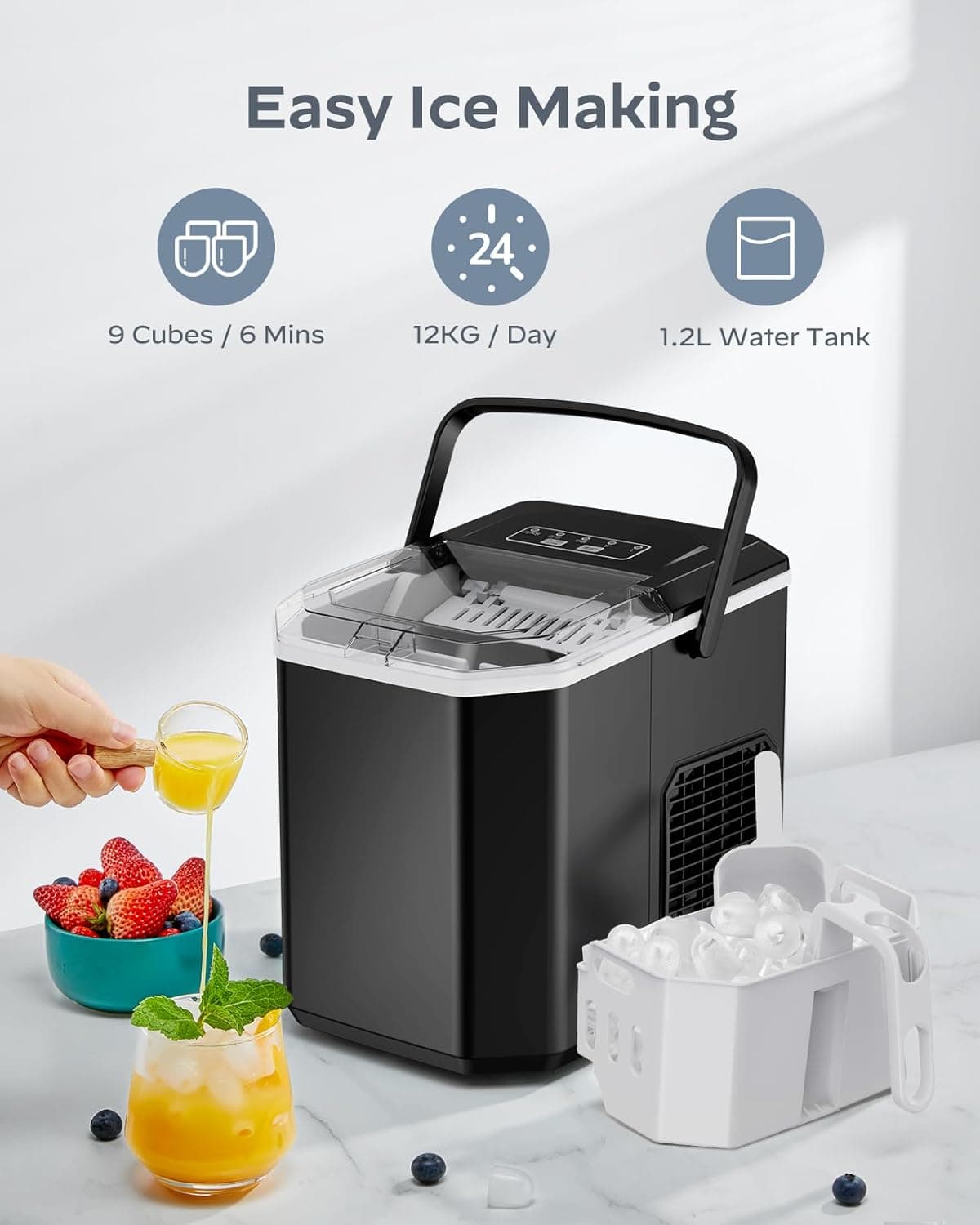 Silonn Ice Maker Countertop, Portable Ice Machine with Carry Handle, Self-Cleaning Ice Makers with Basket and Scoop, 9 Cubes in 6 Mins, 26 lbs per Day, Ideal for Home, Kitchen, Camping, RV Black 26lbs - Image 3