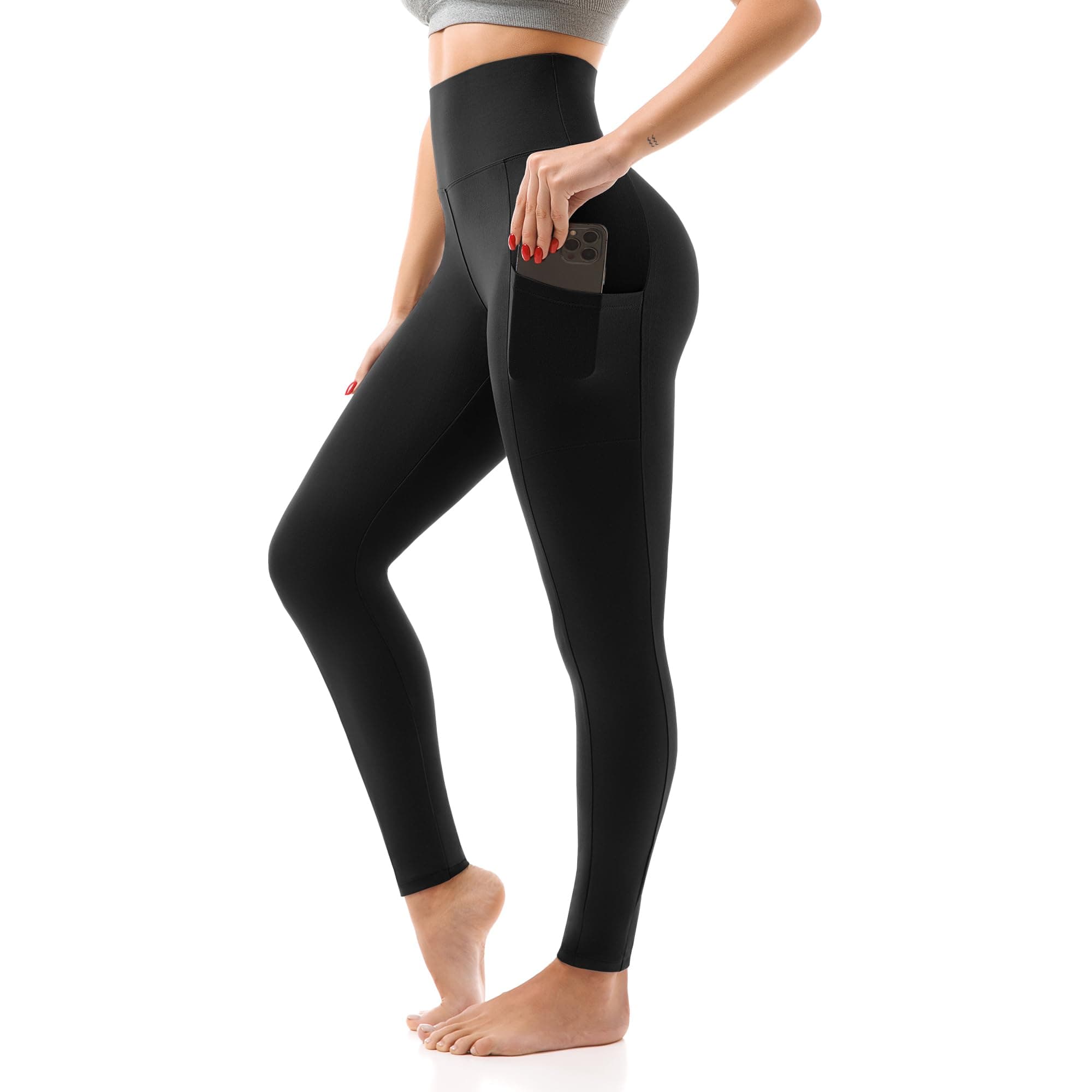 SINOPHANT High Waisted Leggings with Pockets Women, Full Length Capri Buttery Soft Stretchy Yoga Pants Full Length Large-X-Large Black