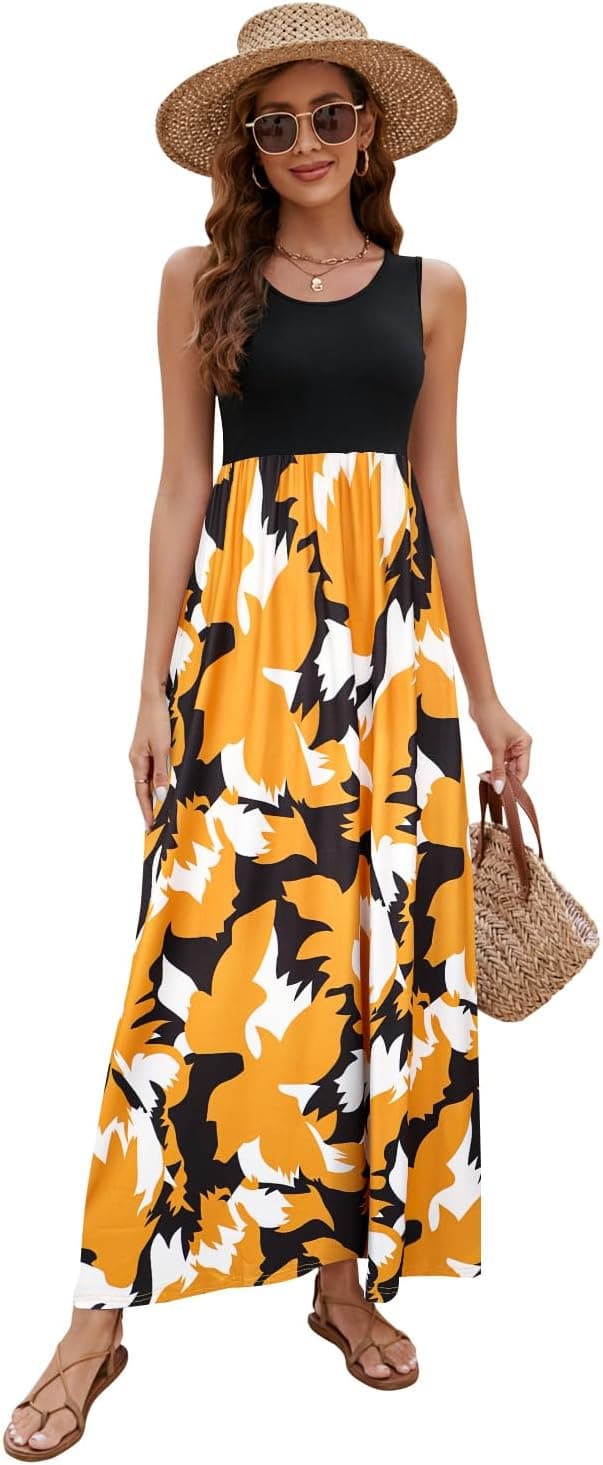 Sherosa Women Boho Chevron Striped Floral Printed Summer Sleeveless Tank Long Maxi Party Dress Medium Black Brown Yellow - Image 4