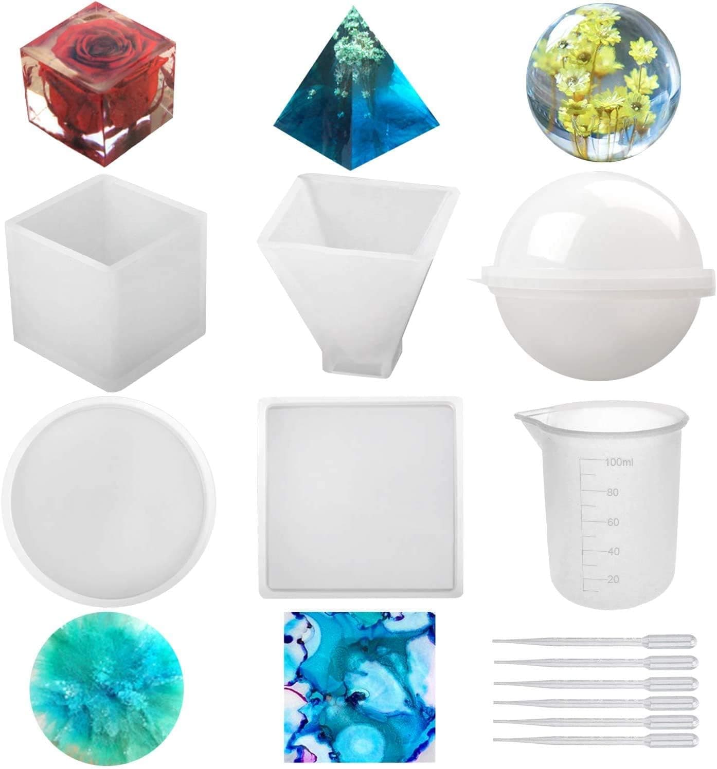 Silicone Resin Molds 5Pcs Resin Casting Molds Including Sphere, Cube, Pyramid, Square, Round with 1 Measuring Cup & 5 Plastic Transfer Pipettes for Resin Epoxy, Candle Wax, Soap, Bowl Mat etc Kit 1 - Image 2