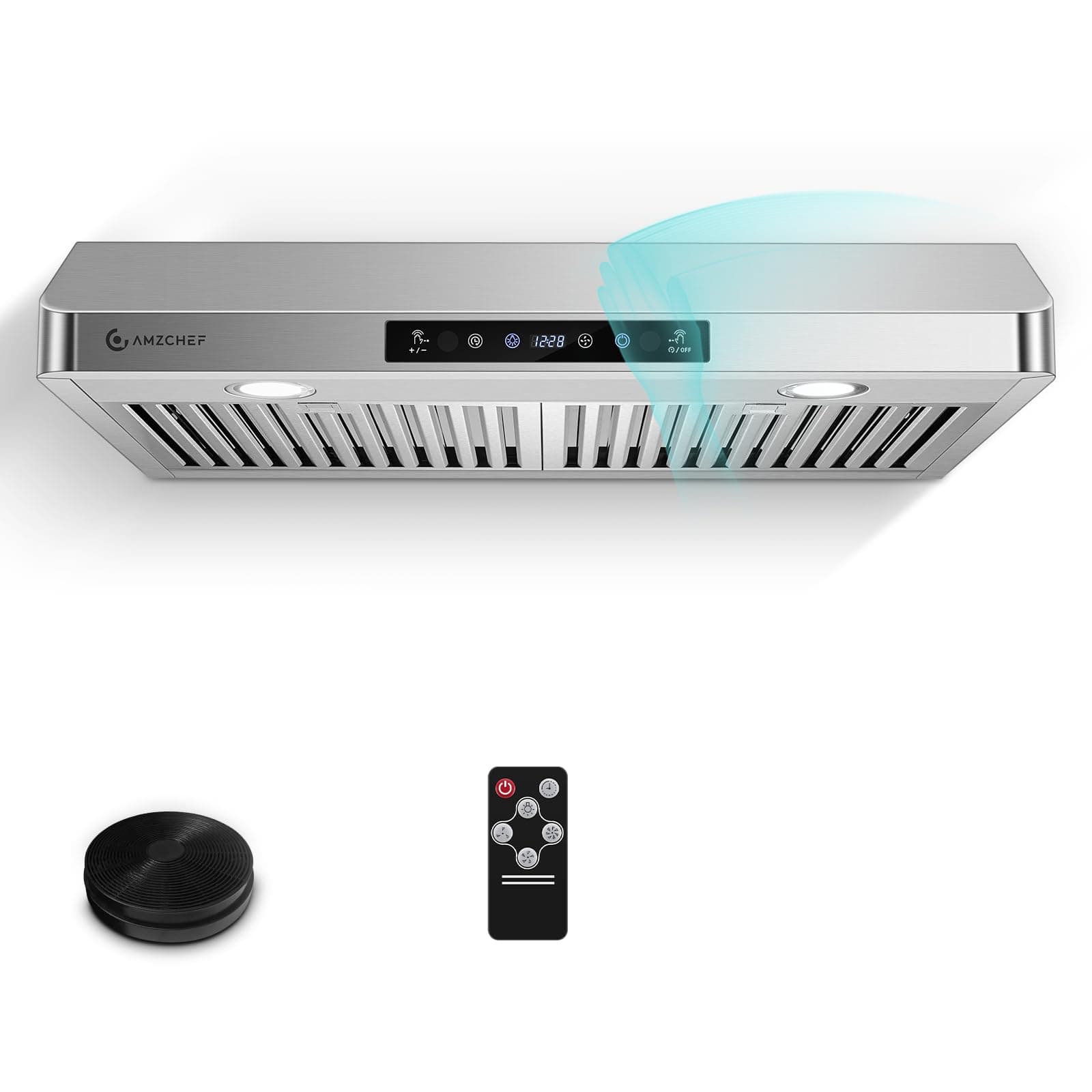 AMZCHEF Under Cabinet Range Hood 30 Inch, 750CFM Stainless Steel Kitchen Stove Vent Hood 3 Speed Exhaust Fan Touch/Remote/Gesture Control LED lights Time Setting Dishwasher-Safe Baffle Filters