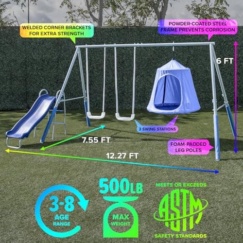 Sportspower Shooting Star Metal Swing Set w/ 2 LED Swings, Padded Saucer Swing with LED Light up Tent and 5' Double Wall Blow Molded Slide - Image 6