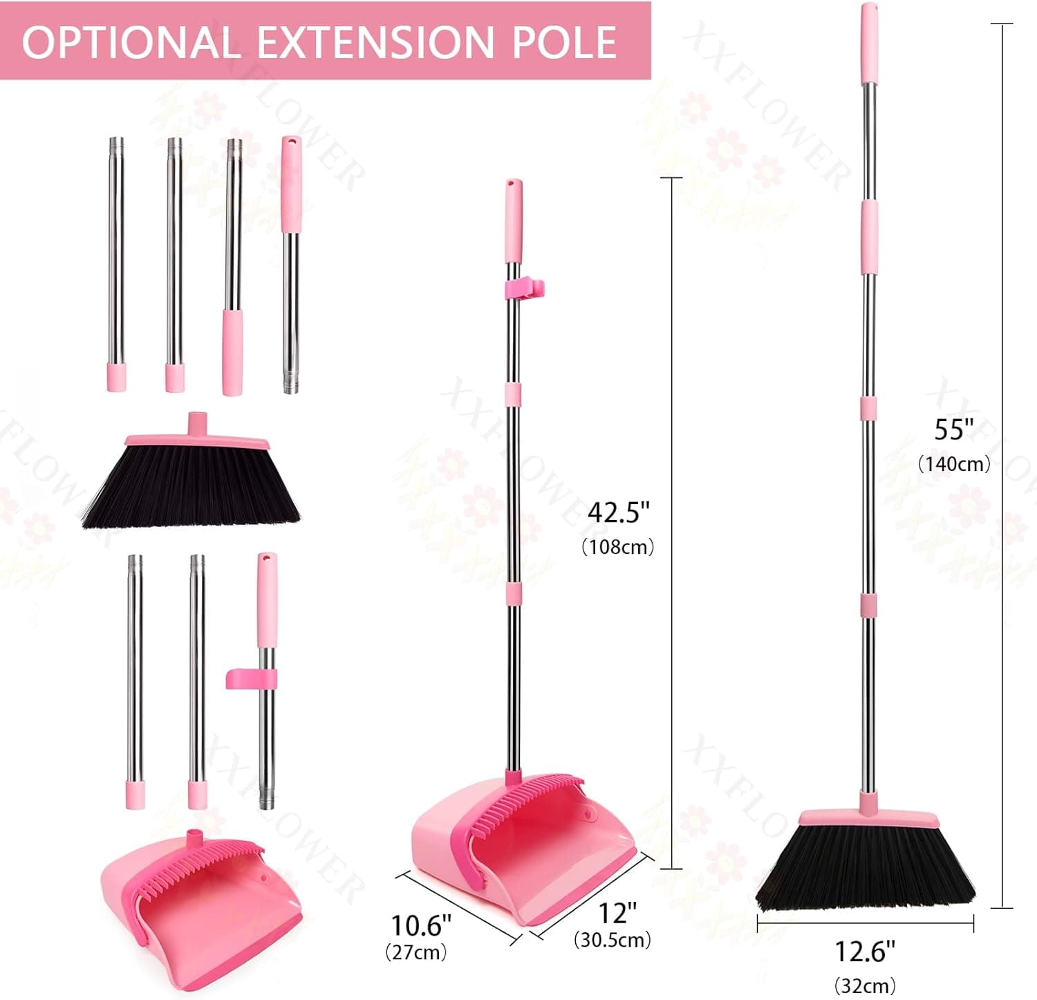 Broom and Dustpan Set, Dustpans with Broom Combo for Home, Heavy Dust Broom and Dustpan Combo, Long Handle Dust Pan and Broom Set for Kitchen, Office, Pet Hair,Pink, Pack of 1 - Image 5