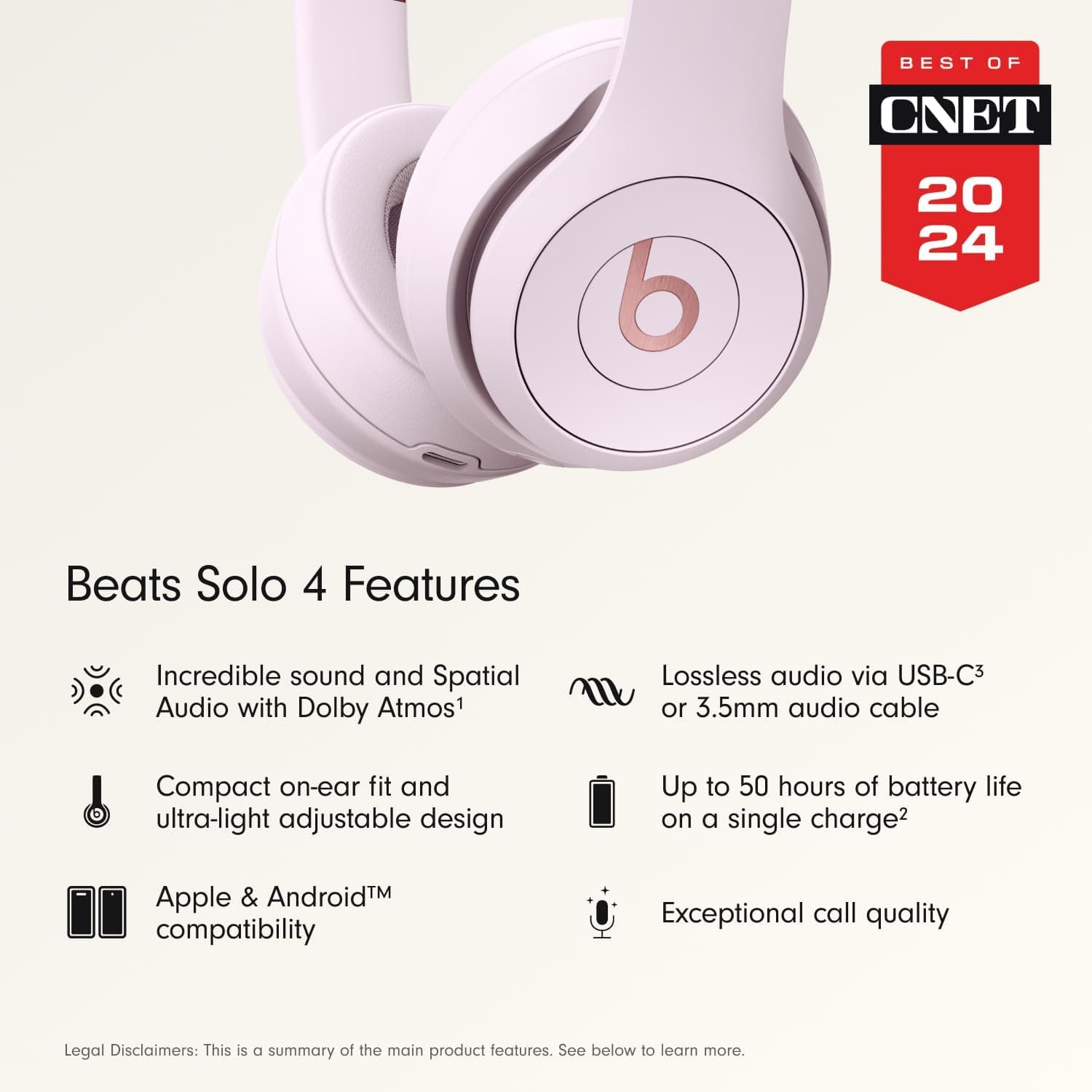 Beats Solo 4 - Wireless On-Ear Bluetooth Headphones, Up to 50-Hour Battery Life, Ultra-Lightweight Comfort, Powerful and Balanced Sound, Apple & Android Compatible - Cloud Pink Cloud Pink Standalone - Image 3