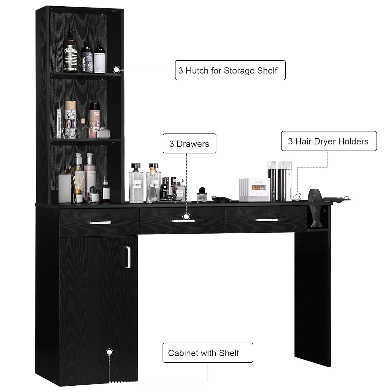 4ever2buy Barber Station for Hair Stylist, Salon Wall Station with Barber Cabinet, Hair Stations Equipment Hair Dryer Holder, Drawers, Wall Mount Barber Beauty Station, Mirror not Included, Black - Image 10