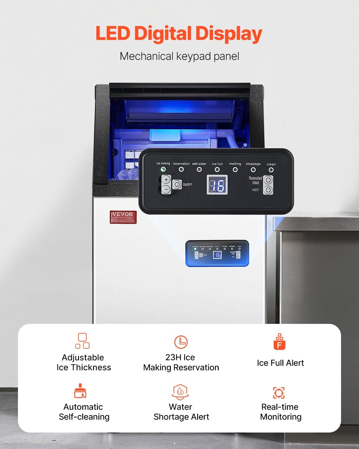 VEVOR Commercial Ice Maker, 100lbs/24H Ice Maker Machine with 28lbs Storage Capacity, 40 Ice Cubes in 15 Minutes, Freestanding Ice Maker for Bar Home Office Restaurant, LED Display, Self-Cleaning - Image 5