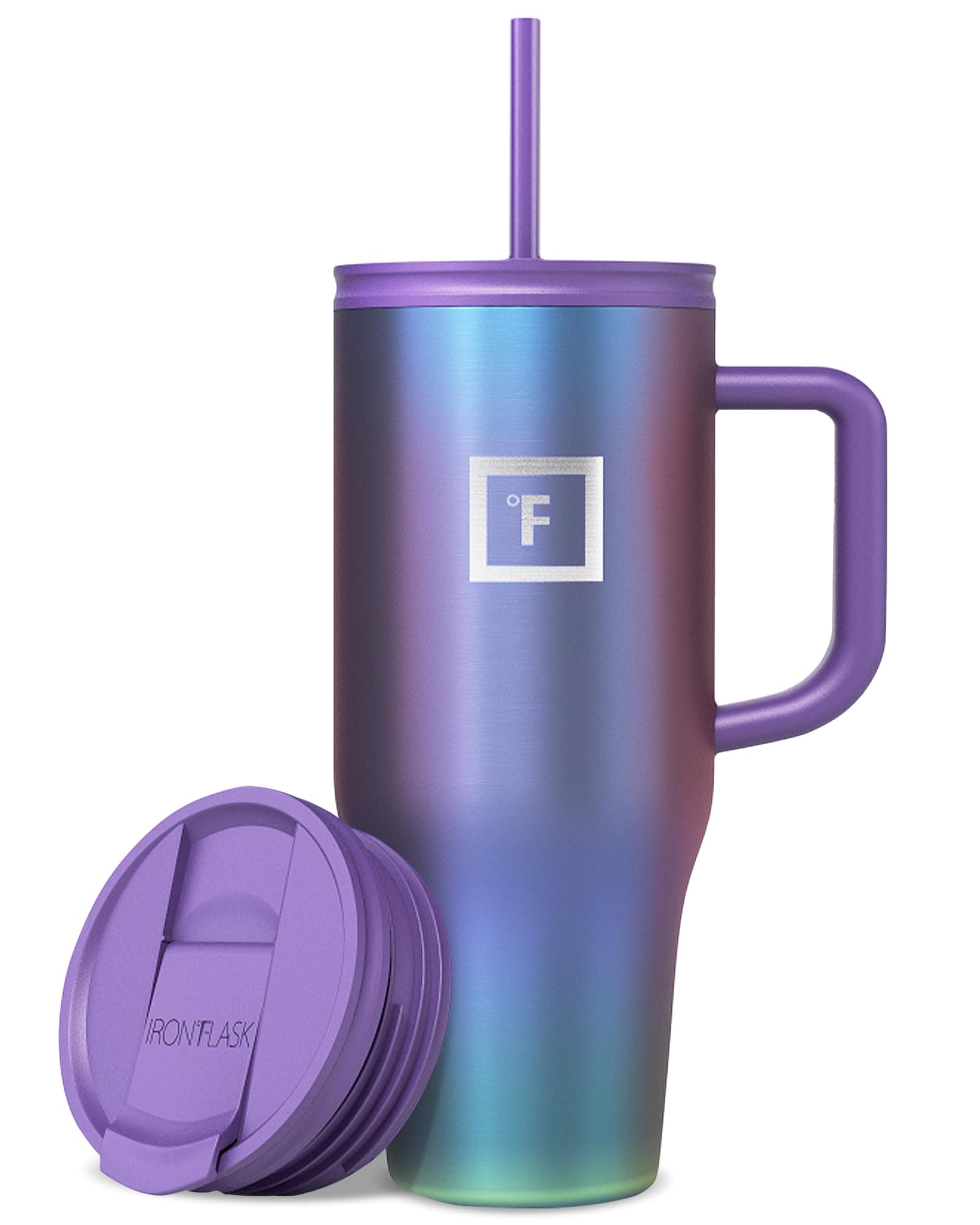 IRON °FLASK Co-Pilot Insulated Mug w/Straw & Flip Cap Lids - Cup Holder Bottle para sa Mainit at Malamig na Inumin - Leak-Proof - Portable Travel Mug para sa Tubig, Kape - Aurora, 32 Oz