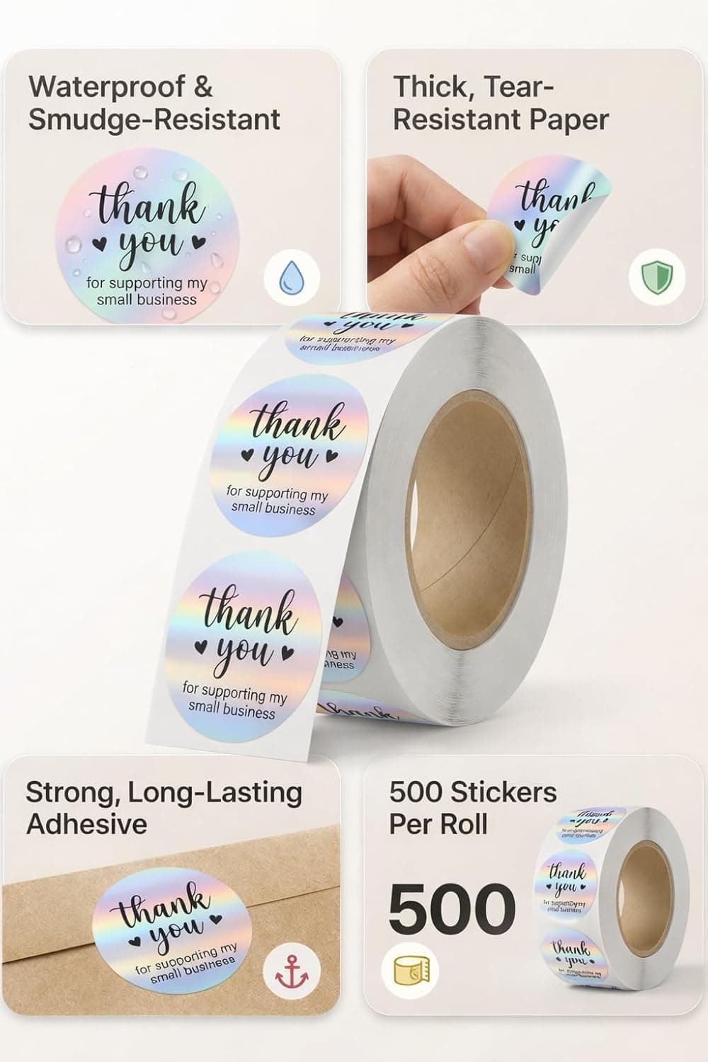 500 PCS Holographic Thank You for Supporting My Small Business Stickers – 1.5 Inch Round Self-Adhesive Waterproof Labels – Eye-Catching Packaging Seals for Orders, Gift Bags, Boxes & Envelopes - Image 3
