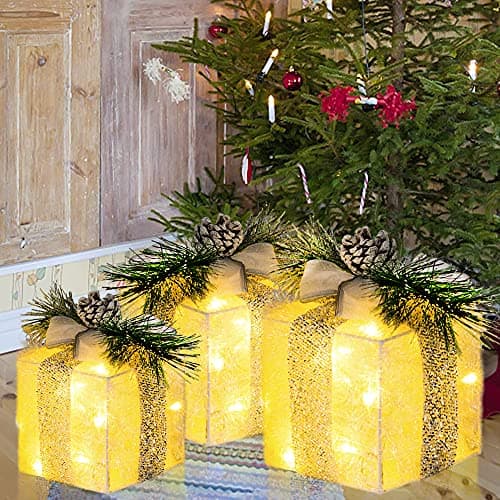 Hourleey Set of 3 Christmas Lighted Gift Boxes, Pre-lit 60 LED Light Up Present Boxes Ornament Outdoor Warm White Tinsel Boxes Decoration for Indoor Christmas Home Yard Lawn Decor - Image 6