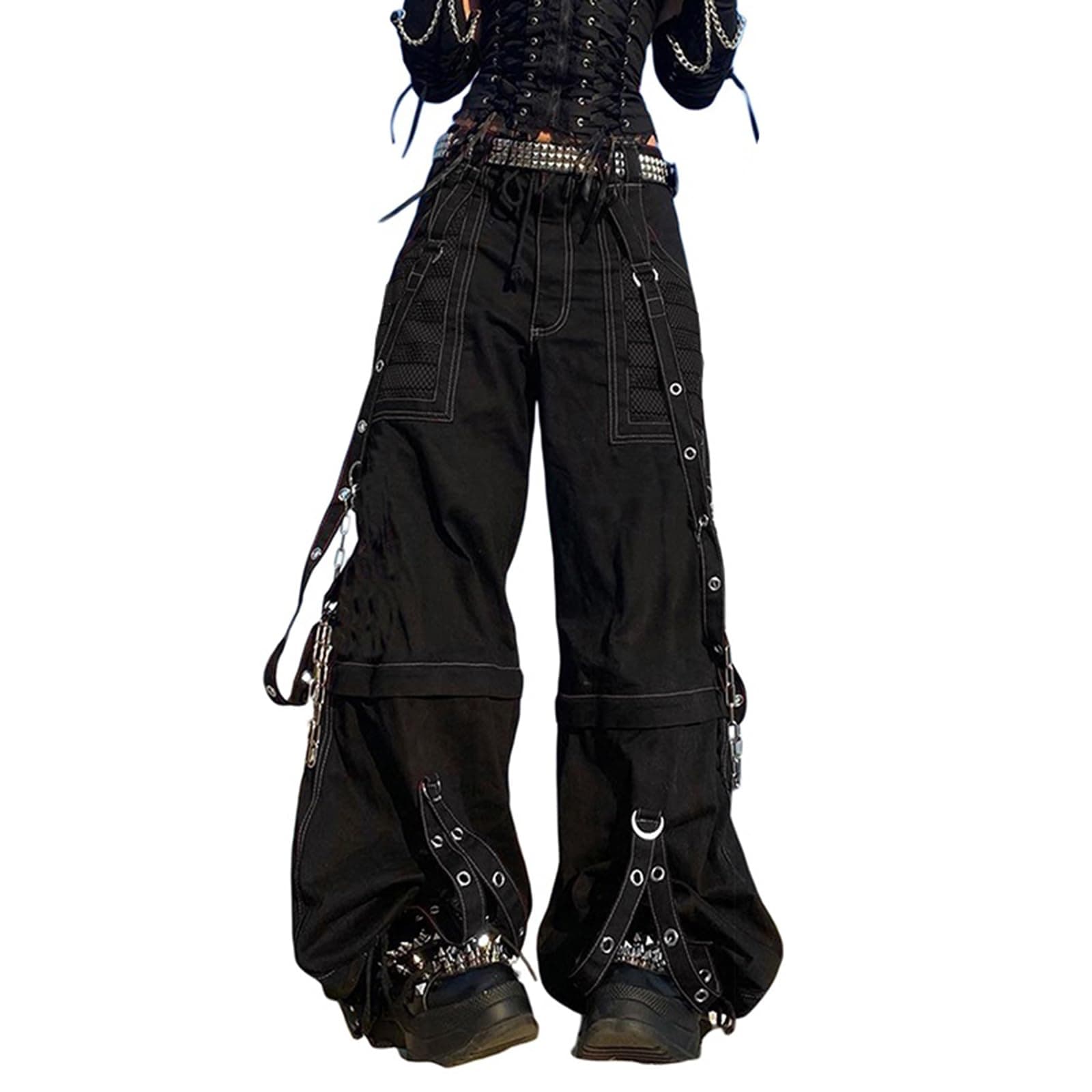 Women Vintage Goth Hip Hop Jeans Punk High Waisted Baggy Bootcut Jeans Strap Chain Striped Wide Leg Denim Pants Black Small