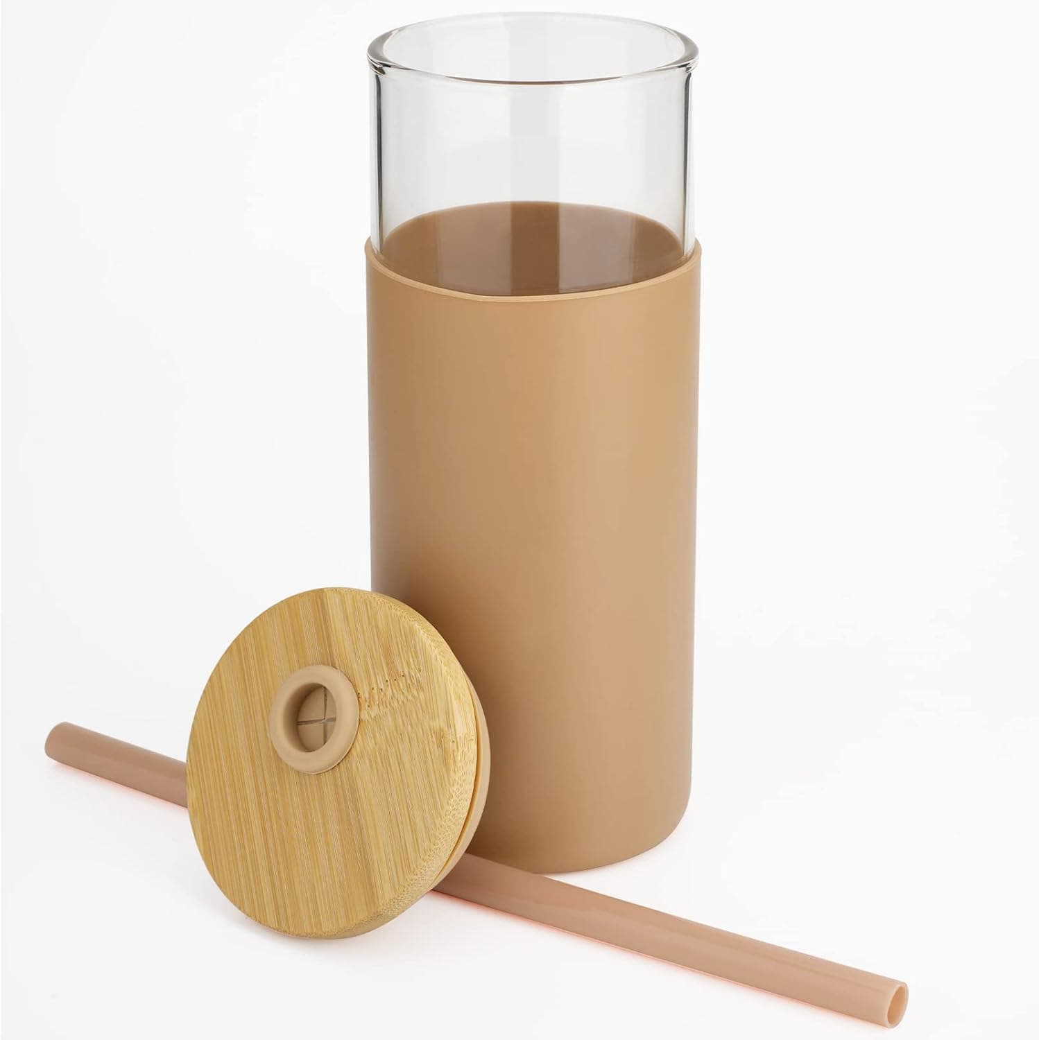 Tronco 20 oz Glass Tumbler with Lid and Straw, Iced Coffee Cup and Smoothie Cup with Bamboo Lids & Protective Silicone Sleeve, Dishwasher Safe, BPA-Free, Glass Cup 1 Pack Amber 20 Ounces - Image 8