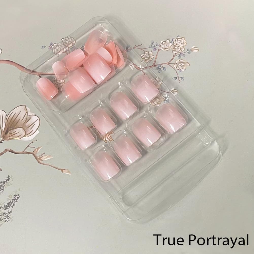 Nails Press ons,White Ombre Short Square Press on Nails Fake Nails Glossy Acrylic Artificial Nails Stick on Nails for Women 24Pcs Multicolor - Image 3