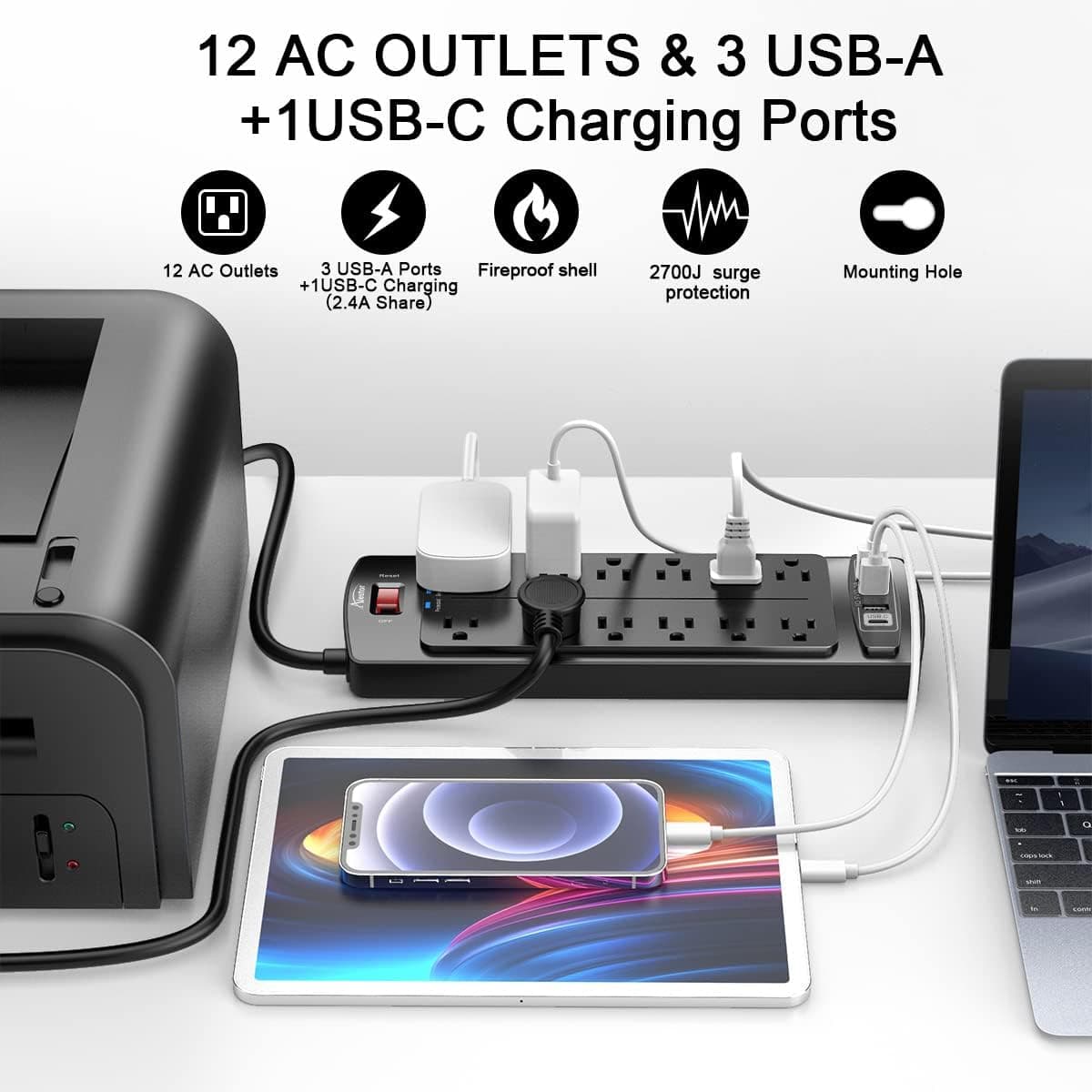 Power Strip, ALESTOR Surge Protector with 12 Outlets and 4 USB Ports, 6 Feet Extension Cord (1875W/15A), 2700 Joules, ETL Listed, Black 6 Ft Black - Image 3