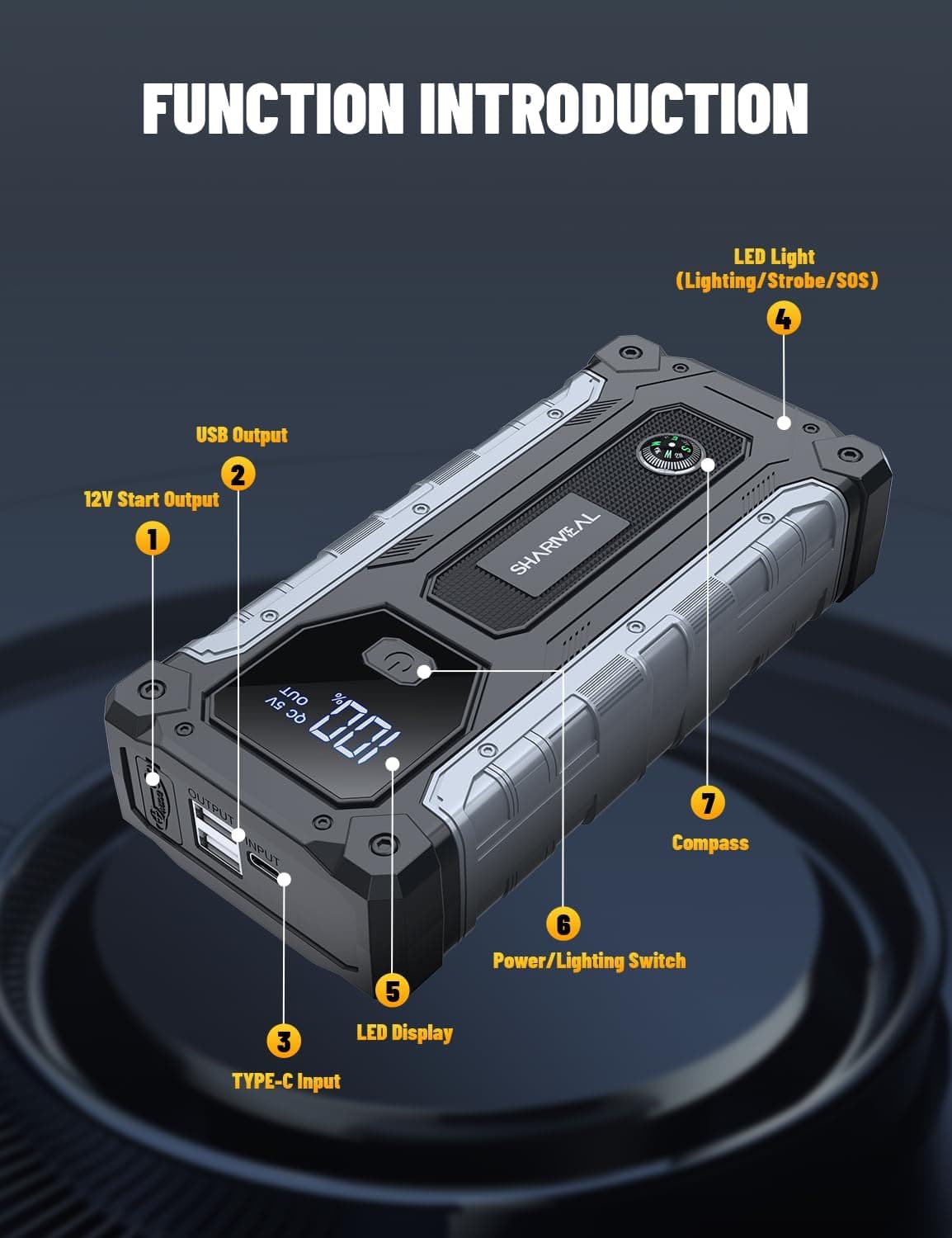 Sharmeal Arrancador de Coche 5000A, Paquete de Batería para Arranque de 10.0L Gas y 9.0L Diésel, Caja de Arranque Portátil de 12V con Luz LED - Image 8