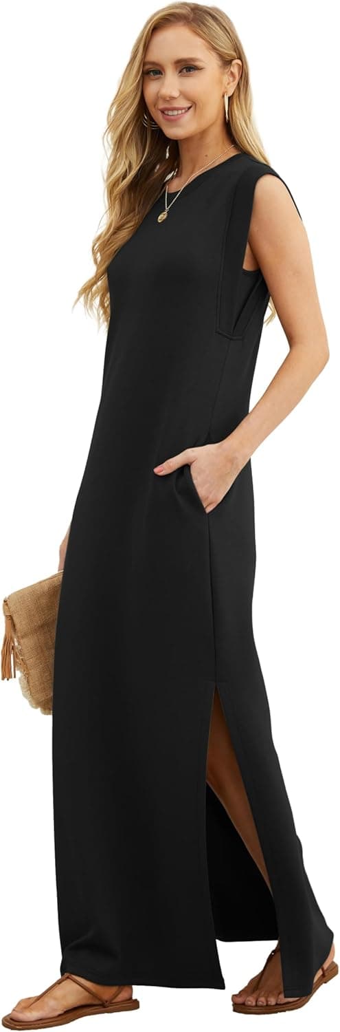 GRECERELLE 2025 Women Year-Round Casual Round Neck Loose Split Wrinkle-Free Long Maxi Vacation Dress with Pockets (XS-3XL) Medium Black - Image 3