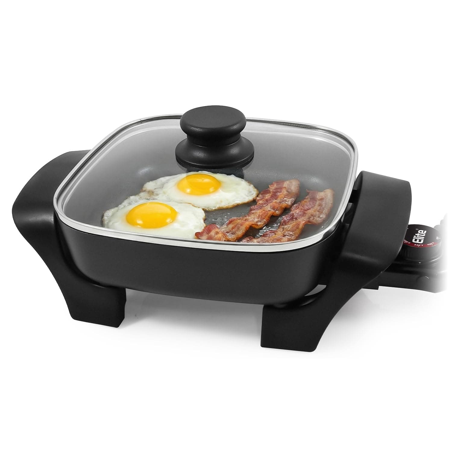 Elite Gourmet EG808 8” x 8" Non-stick Electric Skillet, Dishwasher Safe with Tempered Glass Vented Lid, Rapid Heat Up, 600W, Black 8" x 8" (2.5 Qt)
