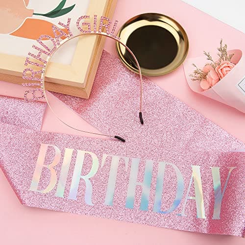 PQRUU Glitter Birthday Sash, Tiara and Rhinestone Headband Set - Pink Birthday Accessories for Her - Image 7