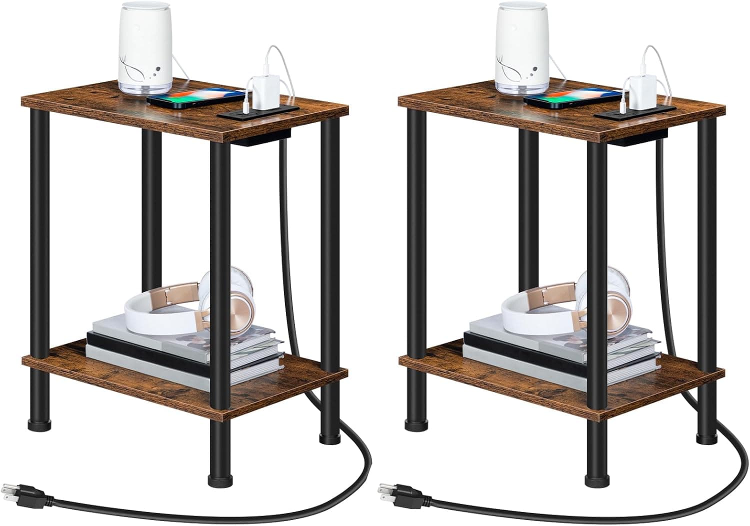 HOOBRO Side Table with Charging Station, Set of 2 End Tables with USB Port and Outlets, Nightstand with 2-Layer Storage Shelves for Small Spaces, Living Room, Bedroom, Rustic Brown BF09UBZP201 2 Rustic Brown + Black - Image 2