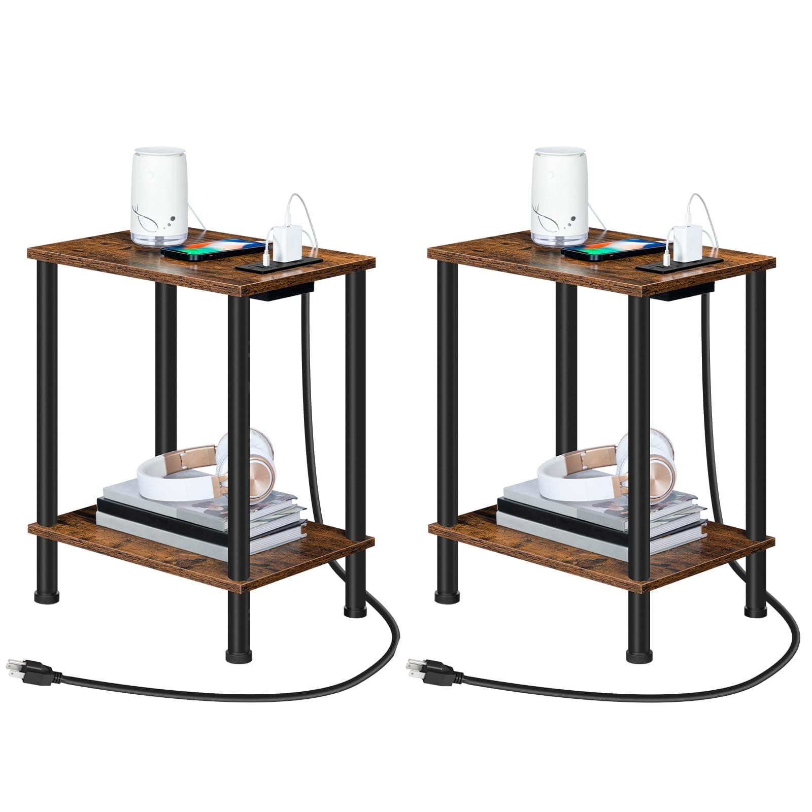 HOOBRO Side Table with Charging Station, Set of 2 End Tables with USB Port and Outlets, Nightstand with 2-Layer Storage Shelves for Small Spaces, Living Room, Bedroom, Rustic Brown BF09UBZP201 2 Rustic Brown + Black