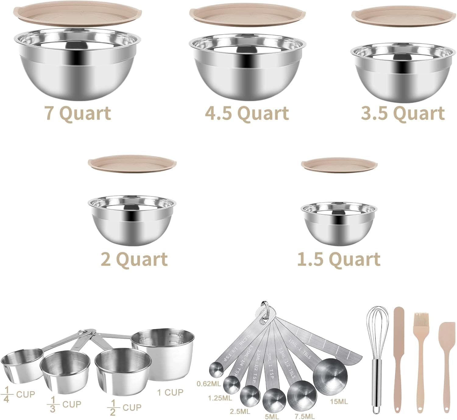 Mixing Bowls Set, 25PCS Khaki Mixing Bowls With Lids Set Stainless Steel Kitchen Large Nesting Metal Bowl 7QT to 1.5QT, Measuring Cups and Spoons for Prepping Cooking Serving Khaki Bowls Set - Image 8