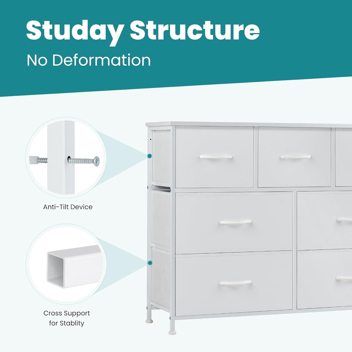 OLIXIS Dresser for Bedroom, 7 Storage Drawers, Wide Fabric Closet Chests Organizer Tower Furniture, TV Stand with Wooden Top Metal Frame for Clothes, Living Room, Hallway, Entryway, Classic White White 11.8"D x 39.4"W x 30"H (7 Drawers) - Image 8