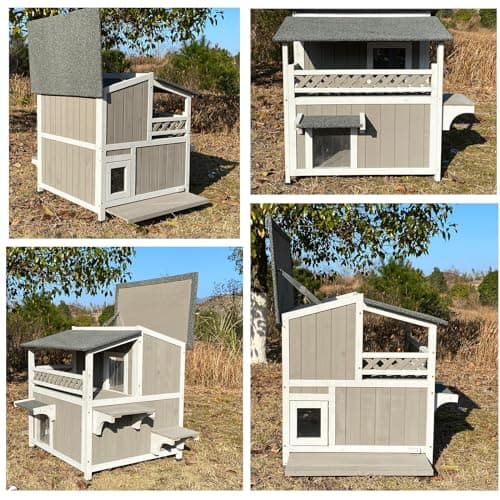 Gowoodhut Feral Cat Shelter Outdoor Weatherproof Houses for Cats Two Story Wooden Cat House Outside Feral Cat House with Balcony Waterproof, Escape Doors - Image 2