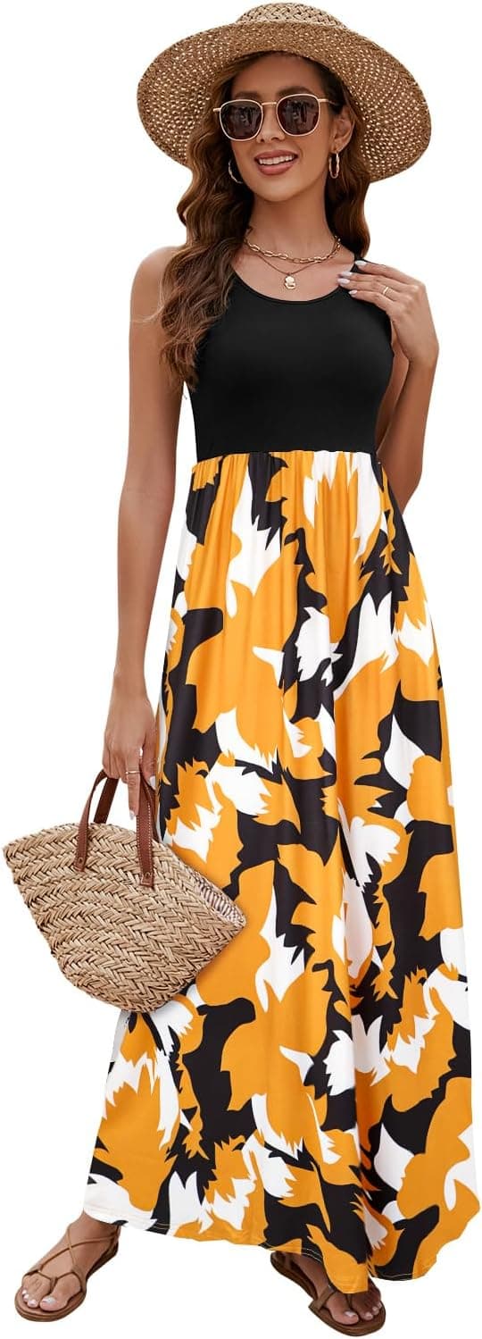 Sherosa Women Boho Chevron Striped Floral Printed Summer Sleeveless Tank Long Maxi Party Dress Medium Black Brown Yellow - Image 3