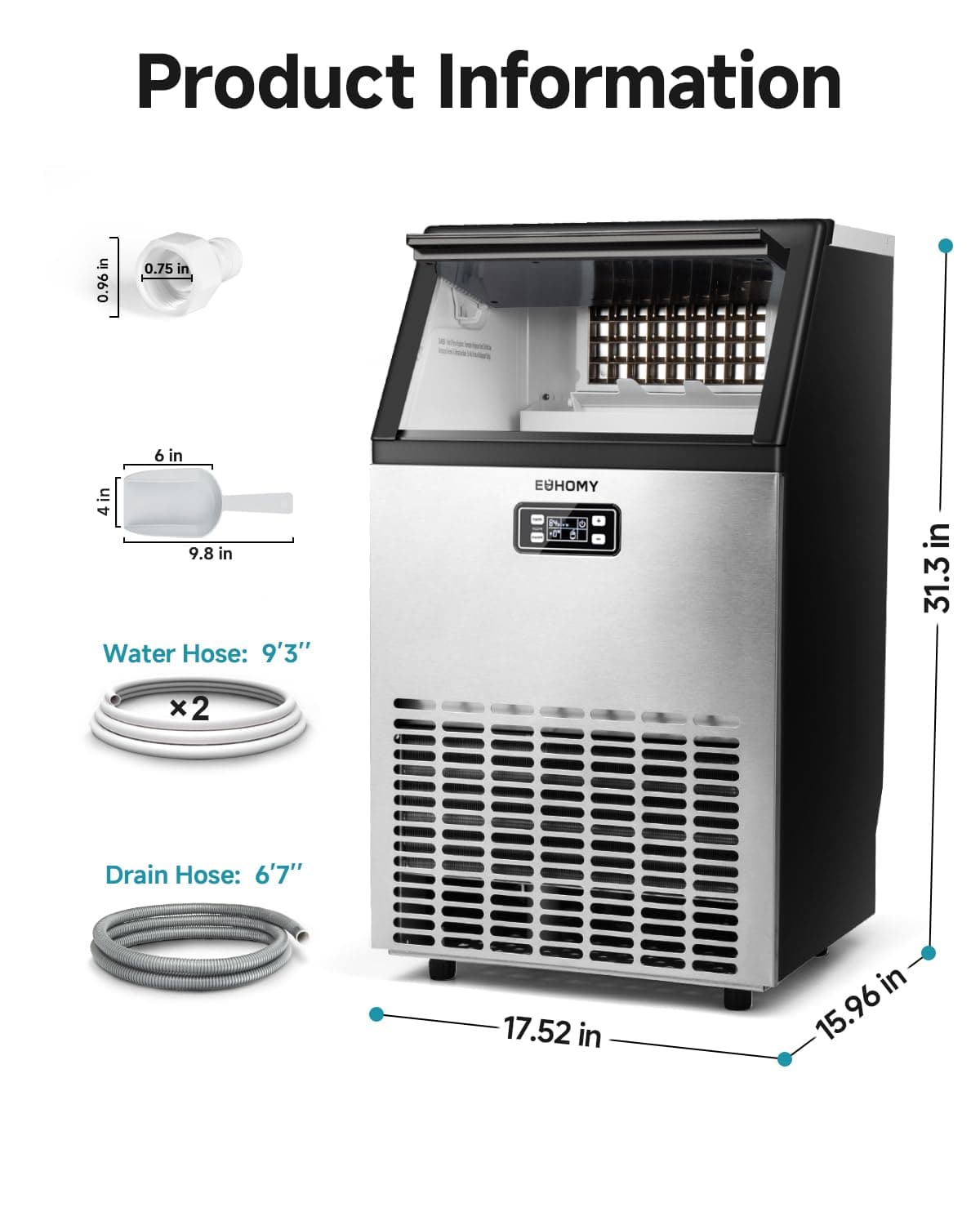 EUHOMY Commercial Ice Maker Machine, 100lbs/24H Stainless Steel Under Counter ice Machine with 33lbs Ice Storage Capacity, Freestanding Ice Maker. - Image 8